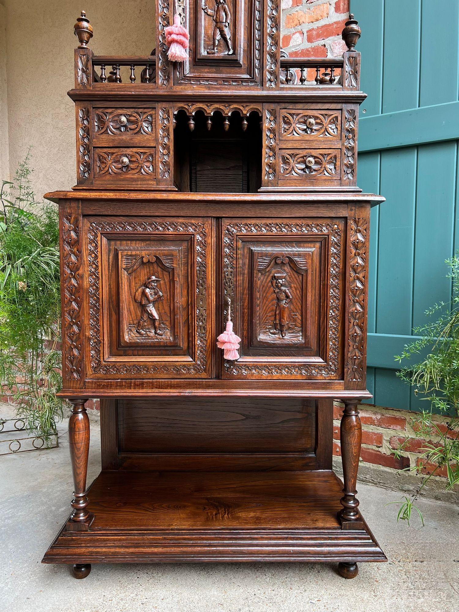 Wood LARGE Antique French Carved Cabinet Bookcase Breton Brittany Display China c1890 For Sale