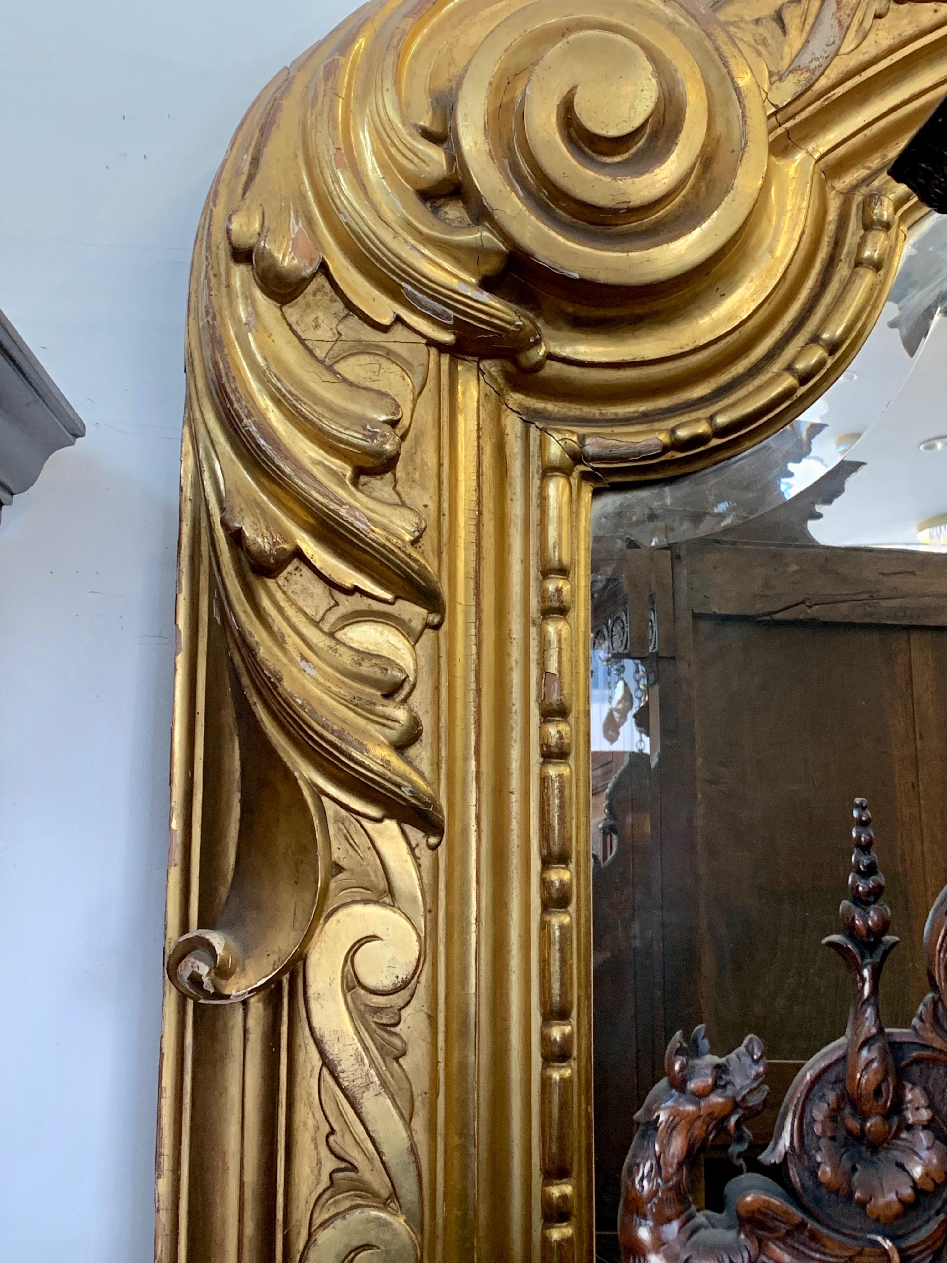 A monumental French giltwood mirror carved with a central shell finial. The arched molded frame carved with Vitruvian scrolls centered by a rocaille adorsed by scrolled acanthus leaves enclosing a shaped mirror plate within a carved bead and reel