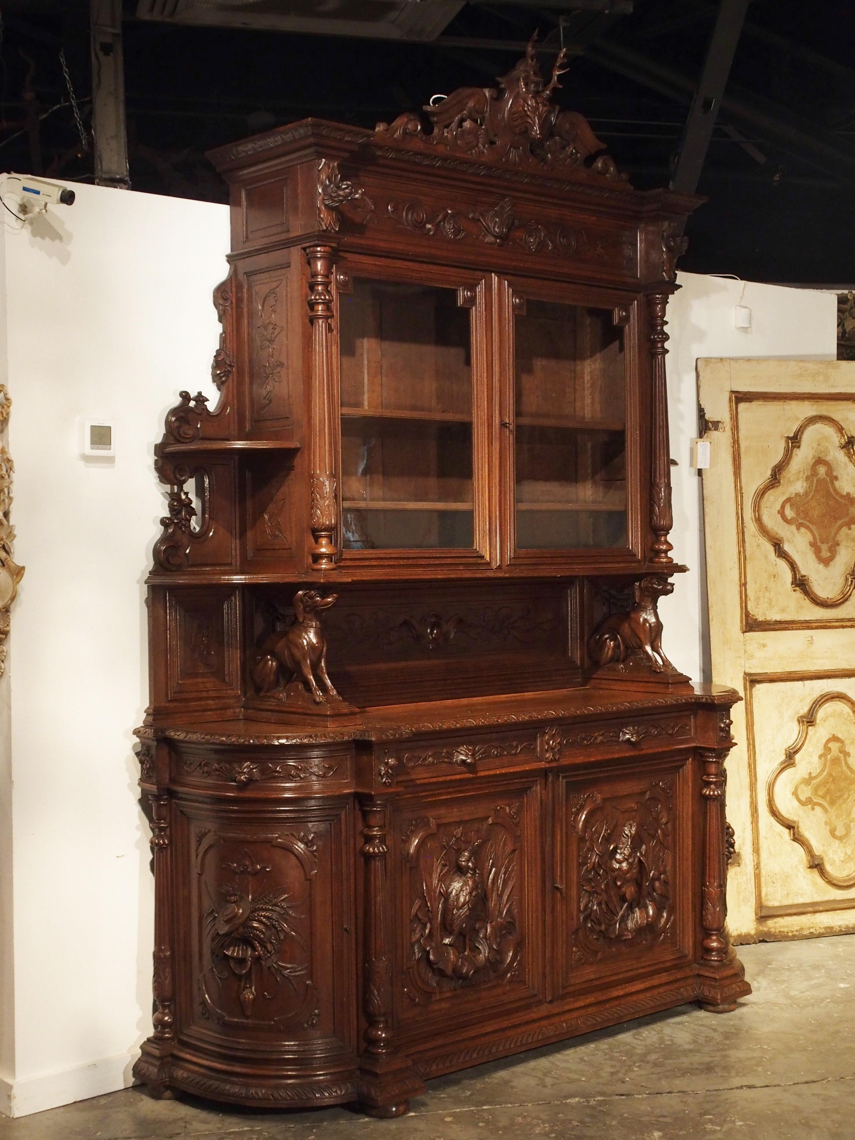 This fine French carved Buffet de Chasse has been made from oak, in the late 1800s. It would have originally been commissioned for a country Manoir or Chateau, where hunting and wildlife was always an important part of life. The main structure of