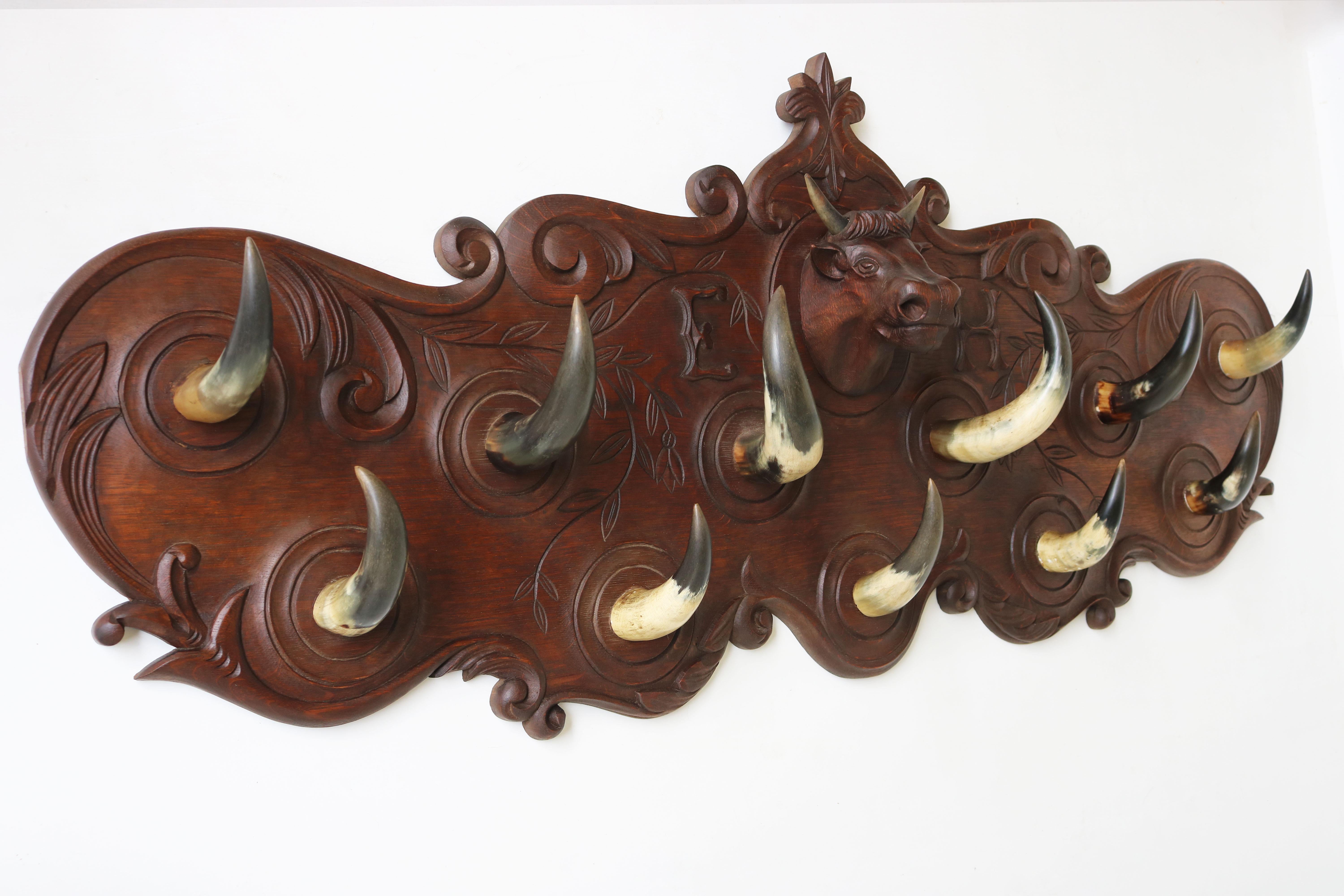 Large Antique French Carved Oak Coat Rack with Cow Head 1900 Bull / Cow Horns 4