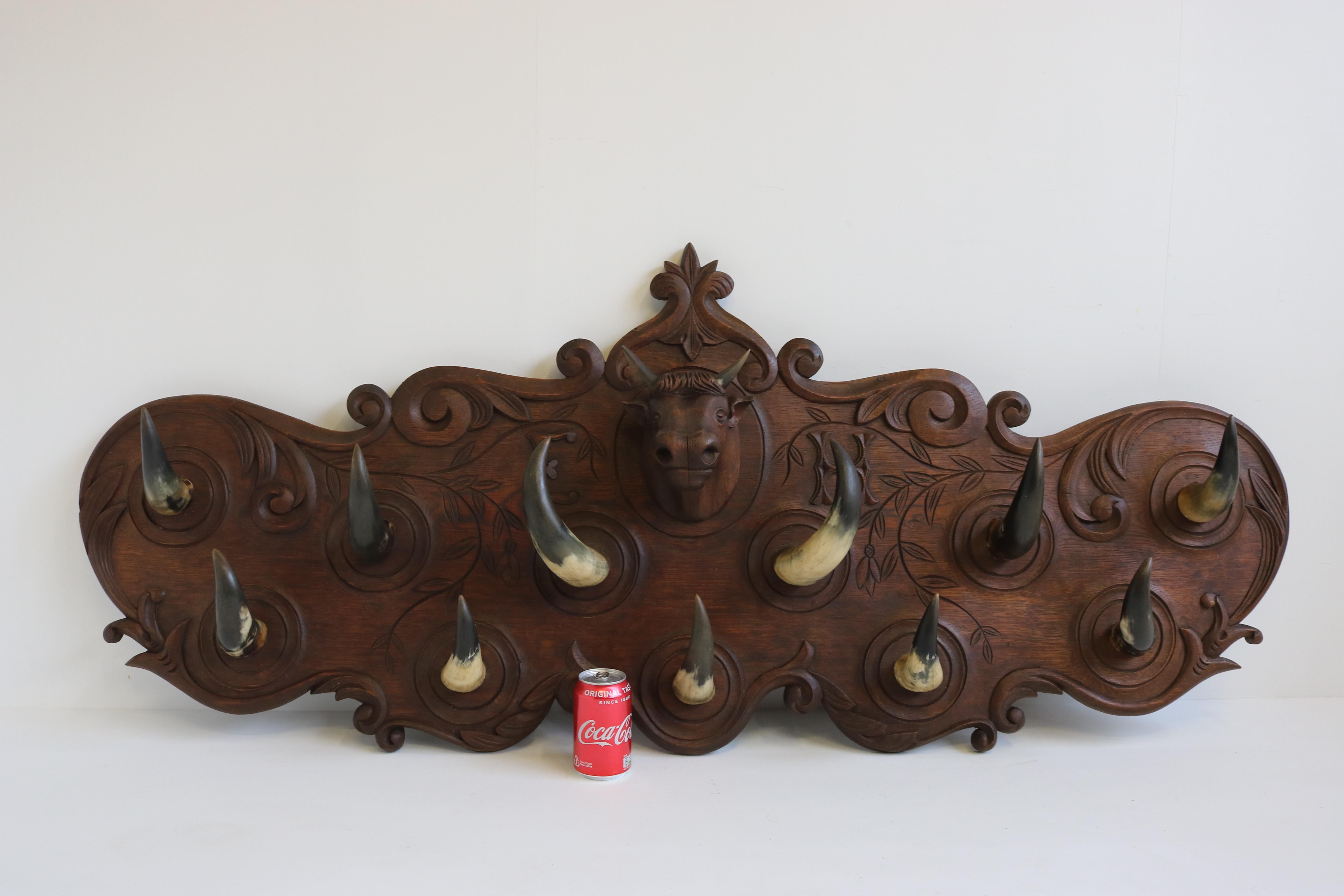 Large Antique French Carved Oak Coat Rack with Cow Head 1900 Bull / Cow Horns 5