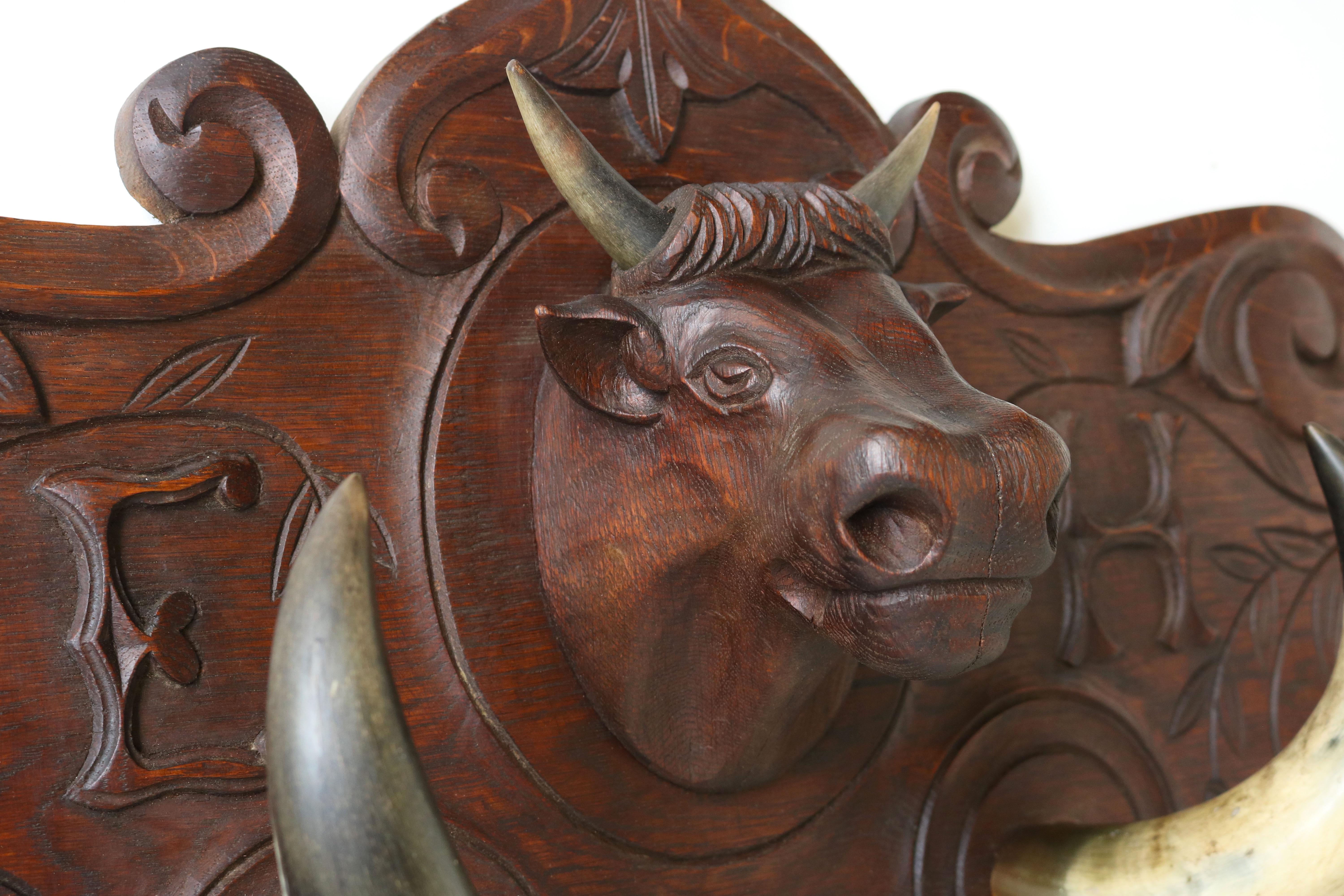 Very large & impressive! This antique French coat rack from the 1900s Fully hand carved out of solid oak & decorated with real Bull / Cow Horns. 
The quality & craftsmanship are superb! Amazing piece for your ranch or country style interior! 
The