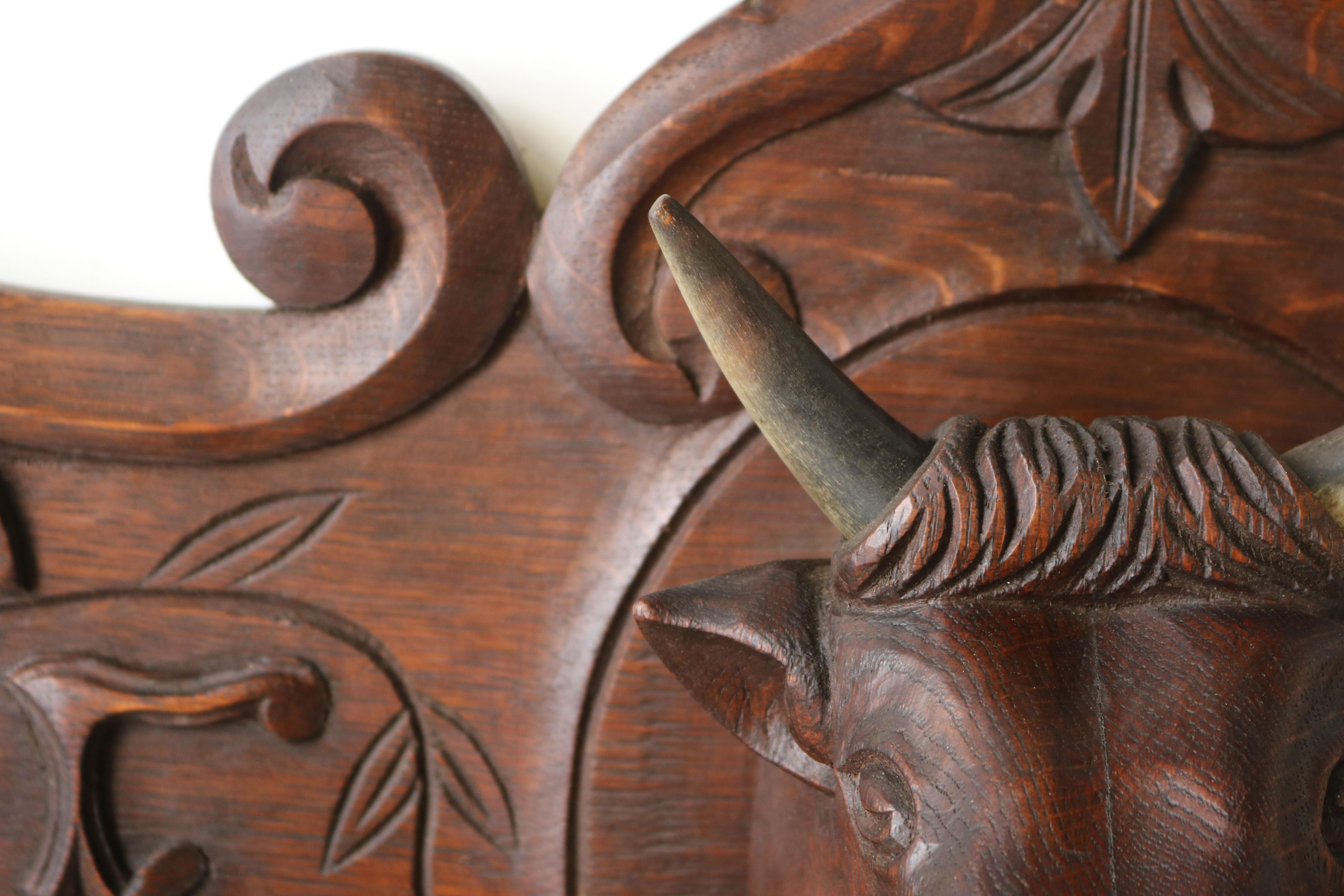Country Large Antique French Carved Oak Coat Rack with Cow Head 1900 Bull / Cow Horns