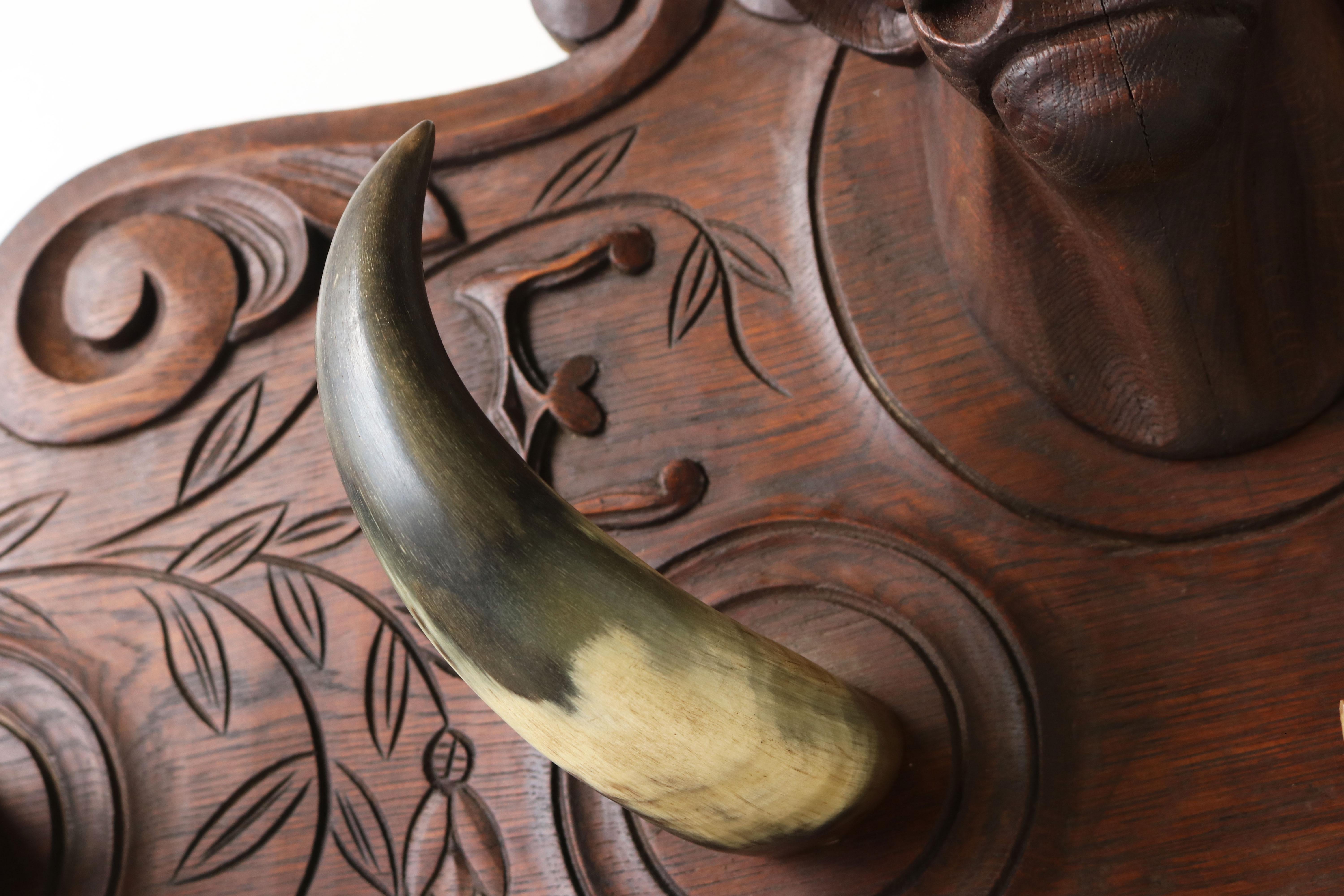 Early 20th Century Large Antique French Carved Oak Coat Rack with Cow Head 1900 Bull / Cow Horns