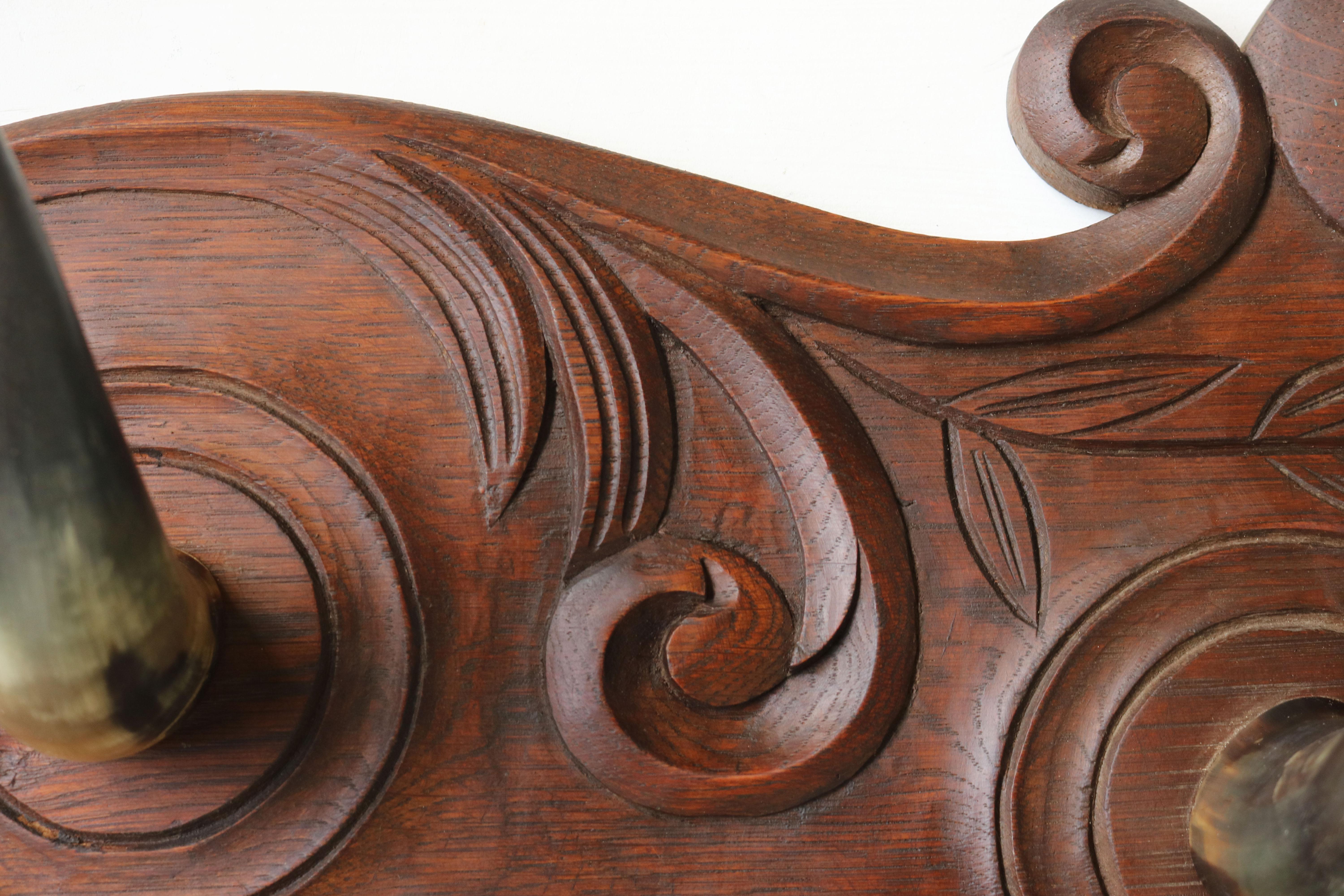Large Antique French Carved Oak Coat Rack with Cow Head 1900 Bull / Cow Horns 3