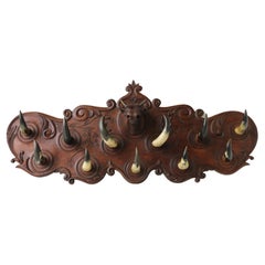Large Antique French Carved Oak Coat Rack with Cow Head 1900 Bull / Cow Horns