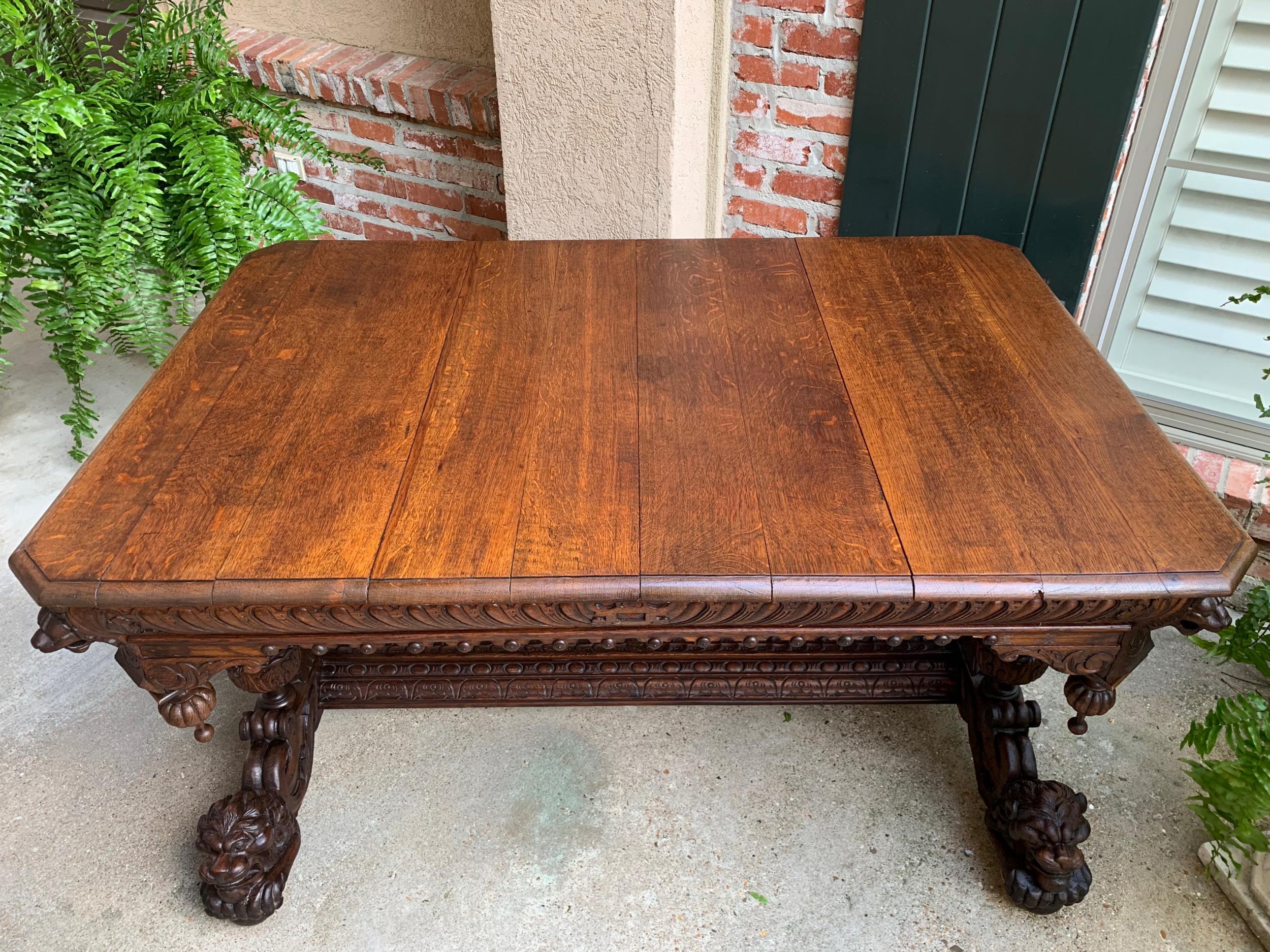 Large Antique French Carved Oak Dining Table Library Desk Lion Renaissance 19thc 4