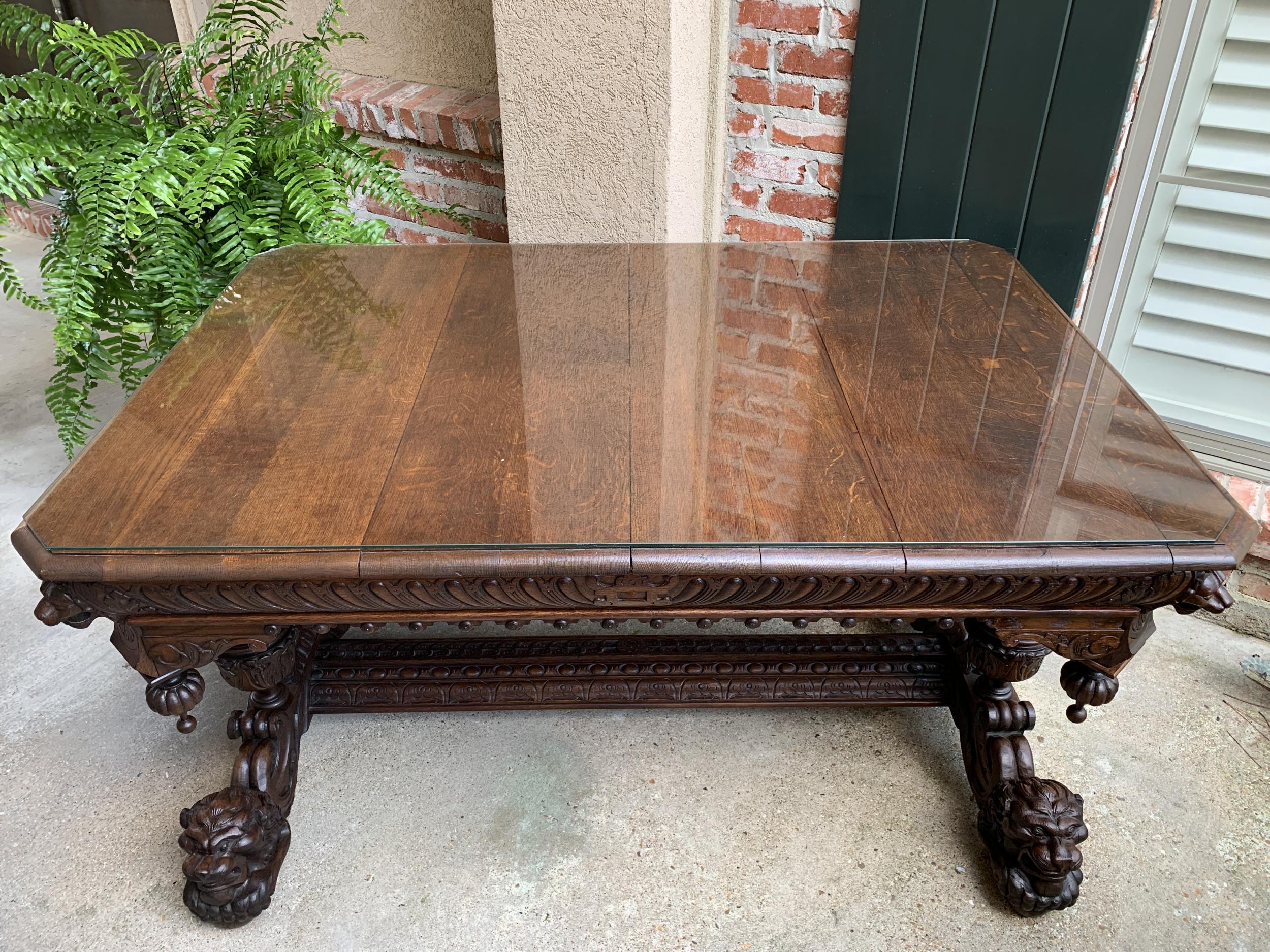 Large Antique French Carved Oak Dining Table Library Desk Lion Renaissance 19thc 6