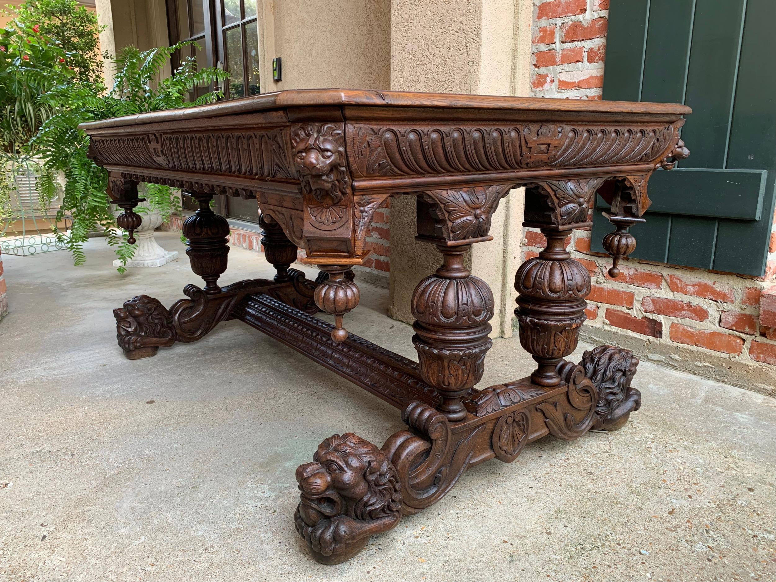 Large Antique French Carved Oak Dining Table Library Desk Lion Renaissance 19thc 7