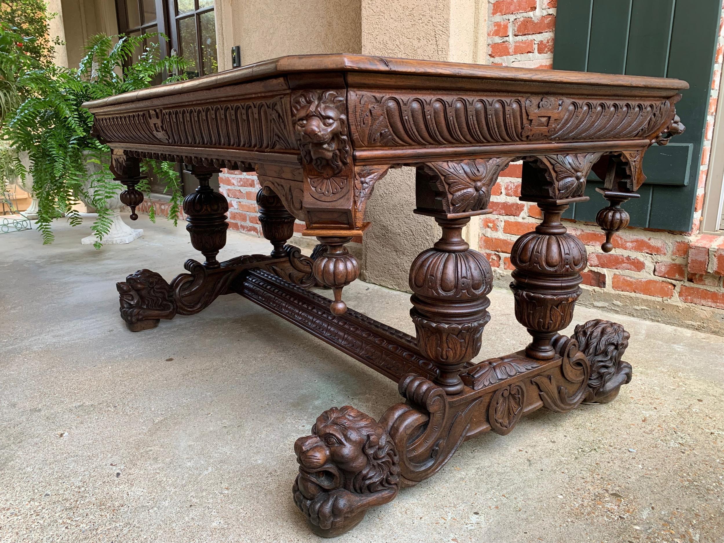 Large Antique French Carved Oak Dining Table Library Desk Lion Renaissance 19thc 8