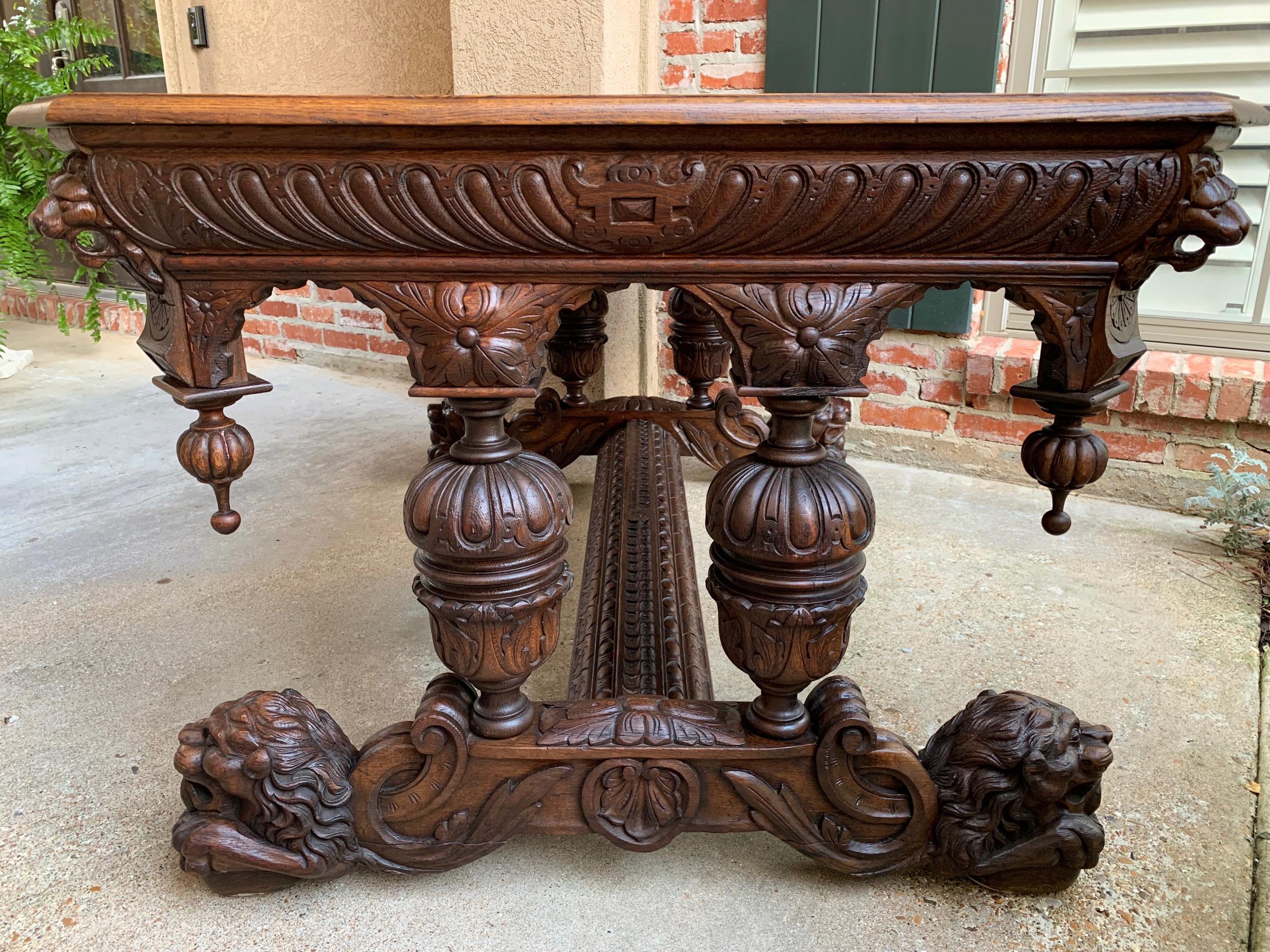 Large Antique French Carved Oak Dining Table Library Desk Lion Renaissance 19thc 9