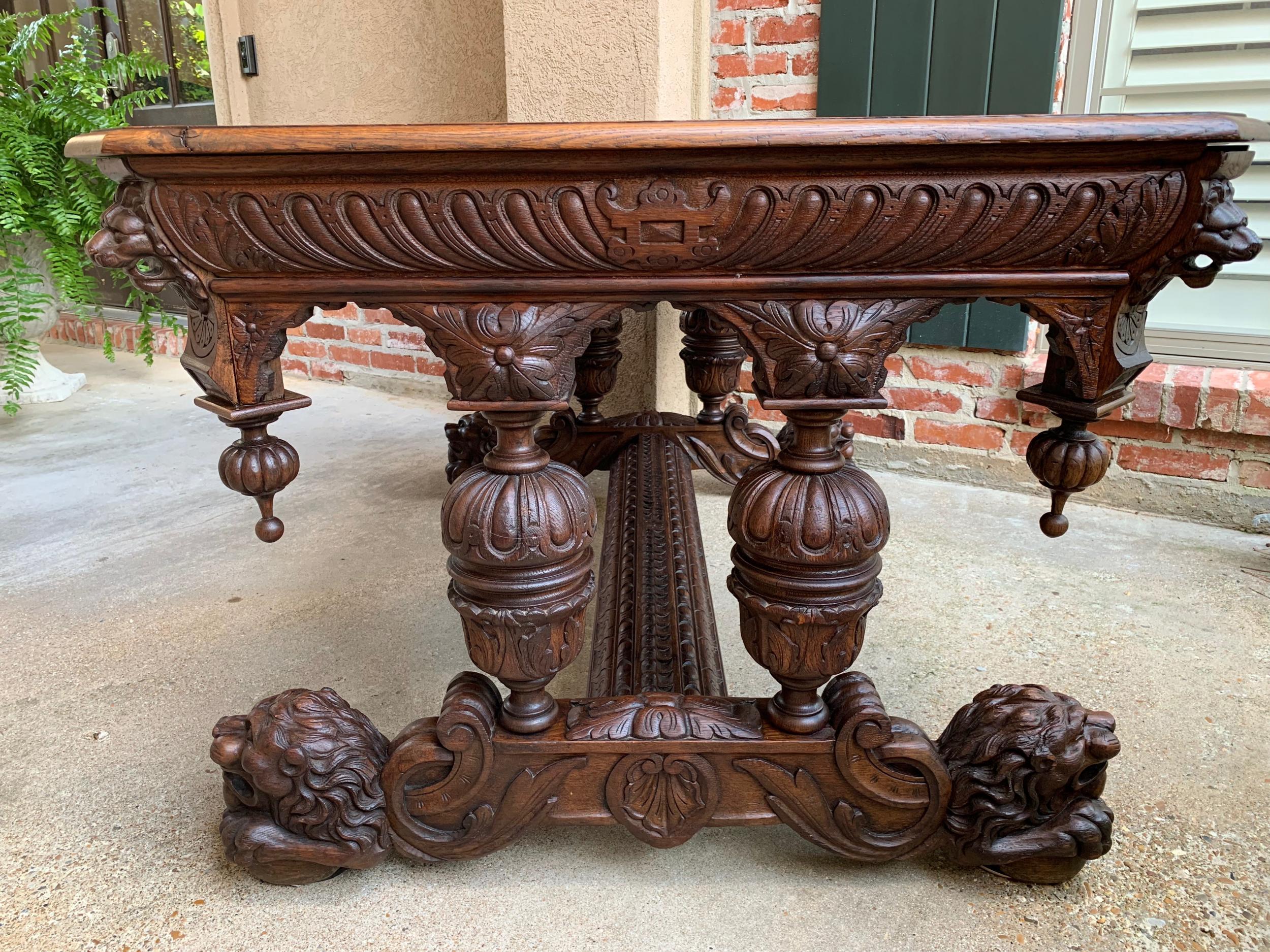 Large Antique French Carved Oak Dining Table Library Desk Lion Renaissance 19thc 10