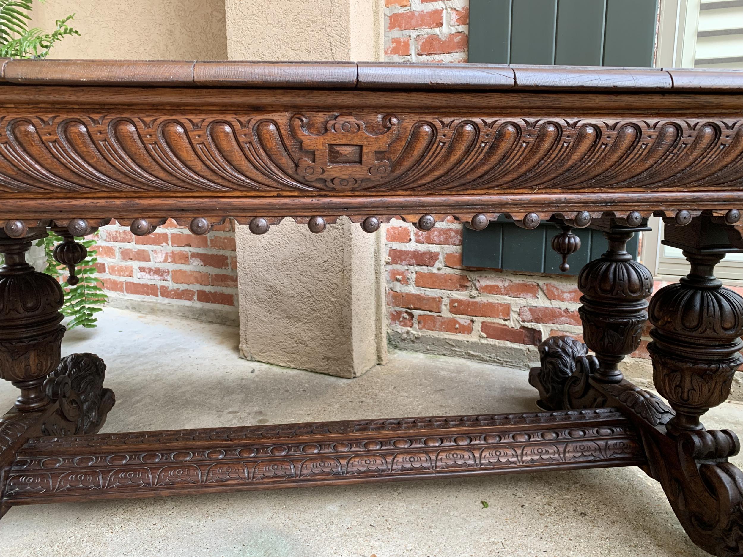 Large Antique French Carved Oak Dining Table Library Desk Lion Renaissance 19thc 12