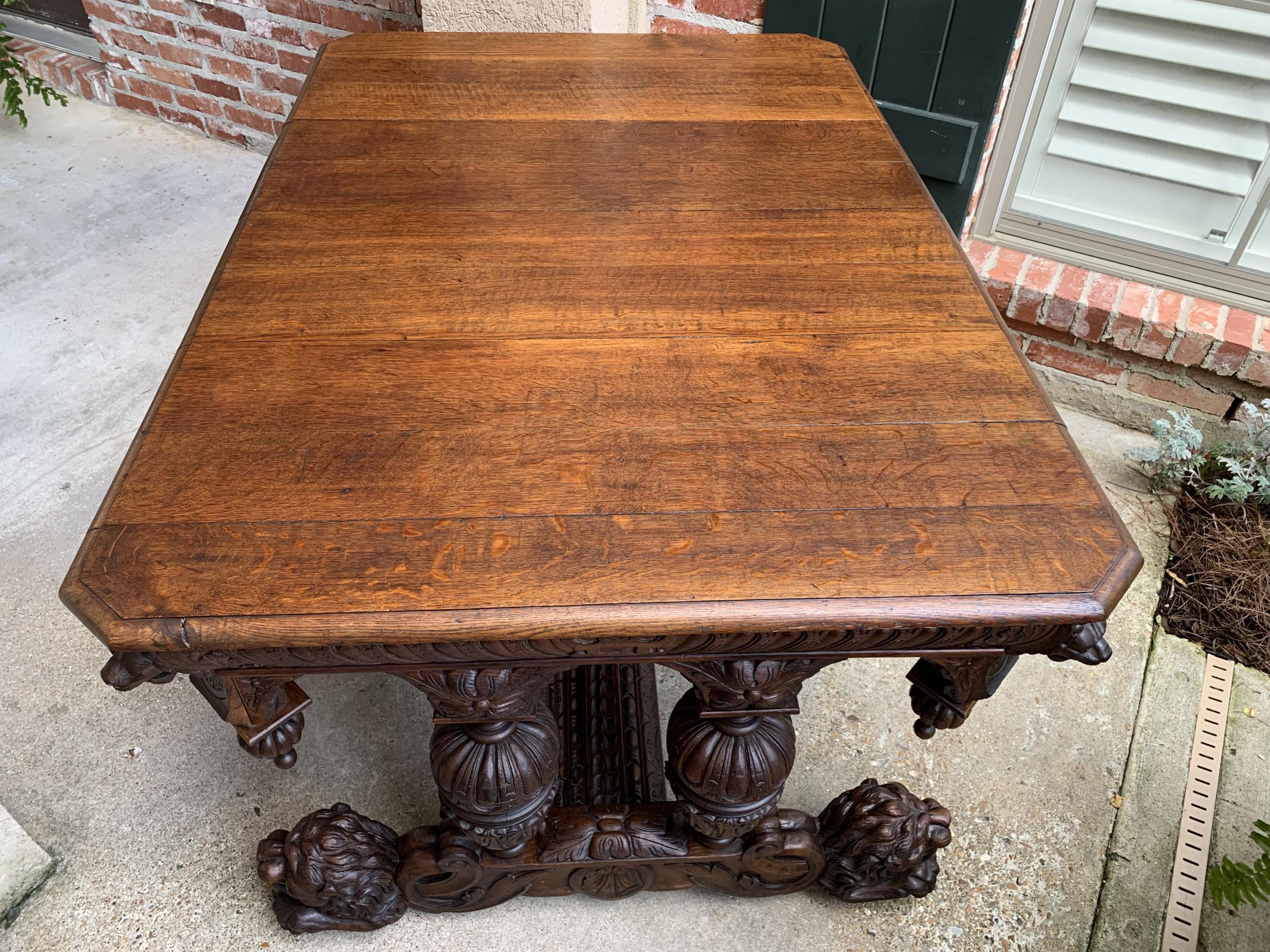 Large Antique French Carved Oak Dining Table Library Desk Lion Renaissance 19thc 13