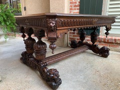 Large Antique French Carved Oak Dining Table Library Desk Lion Renaissance 19thc