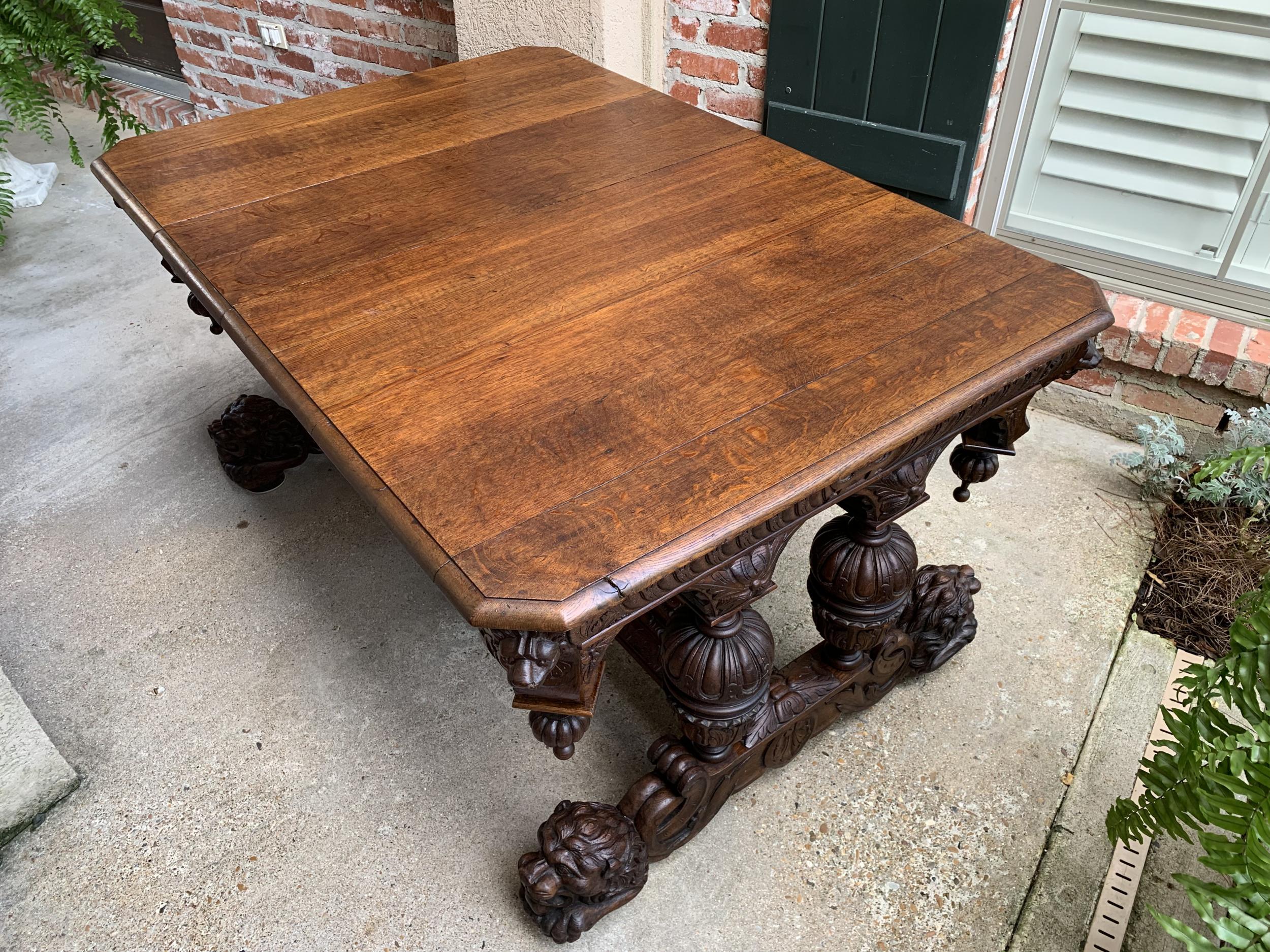 Large Antique French Carved Oak Dining Table Library Desk Lion Renaissance 19thc 14