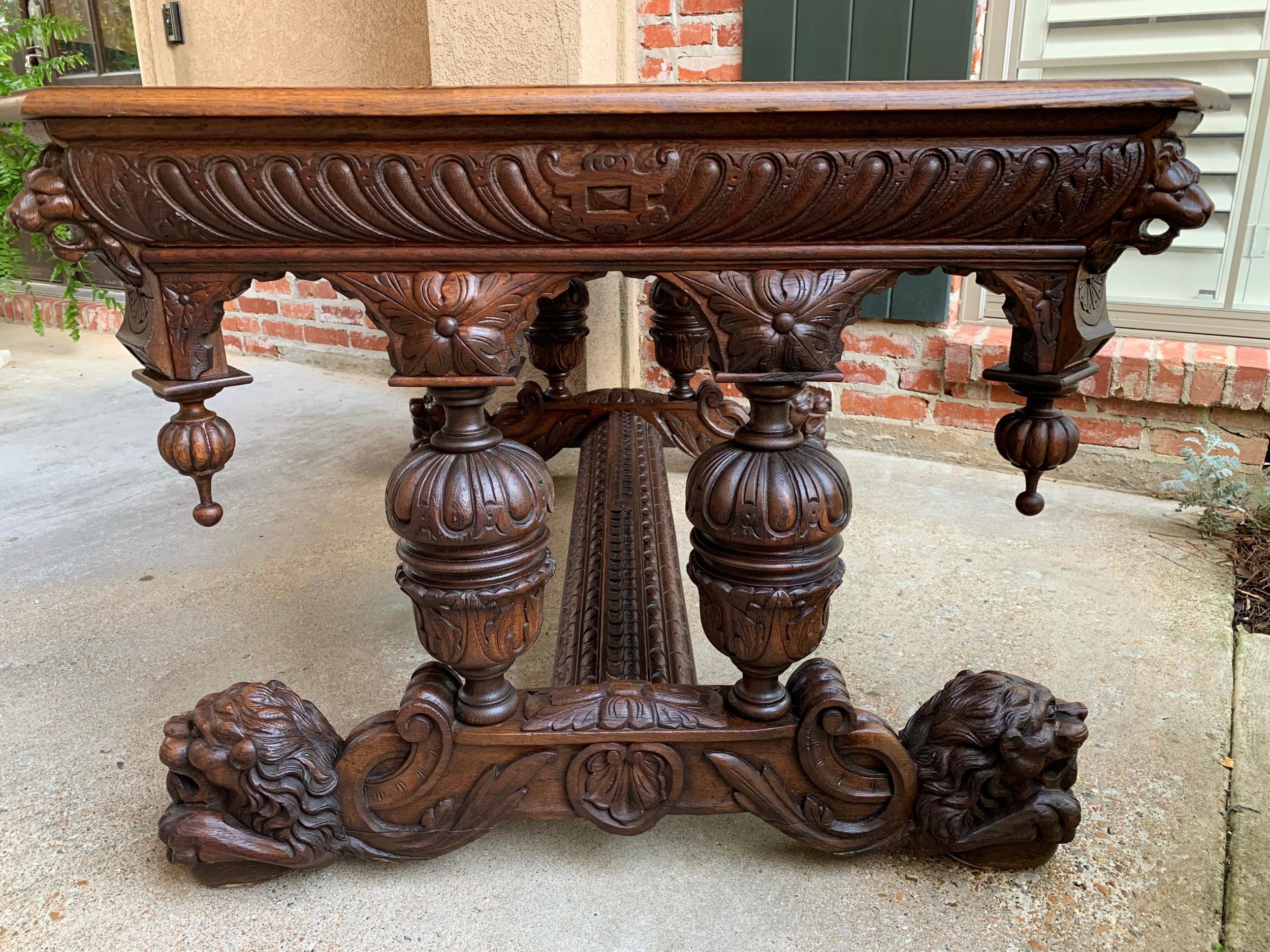 Large Antique French Carved Oak Dining Table Library Desk Lion Renaissance 19thc In Good Condition In Shreveport, LA