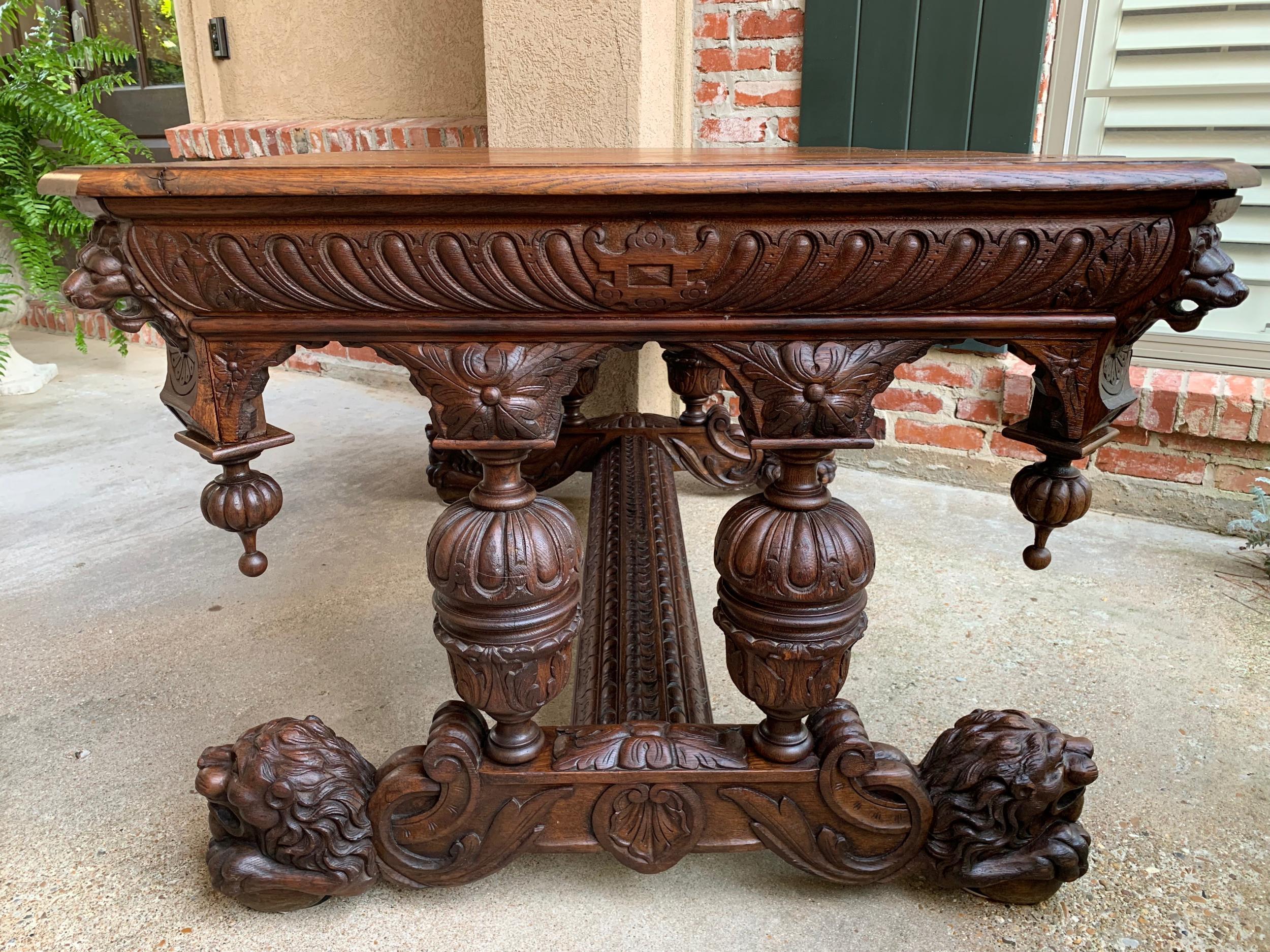 Large Antique French Carved Oak Dining Table Library Desk Lion Renaissance 19thc 1