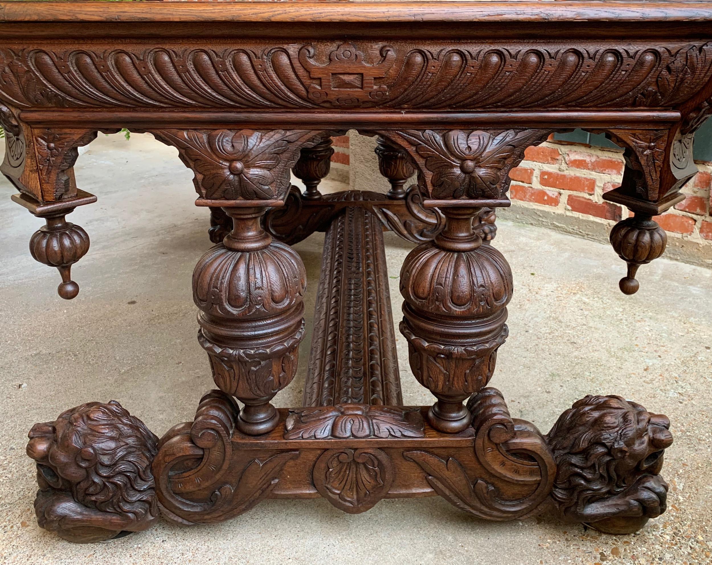 Large Antique French Carved Oak Dining Table Library Desk Lion Renaissance 19thc 2