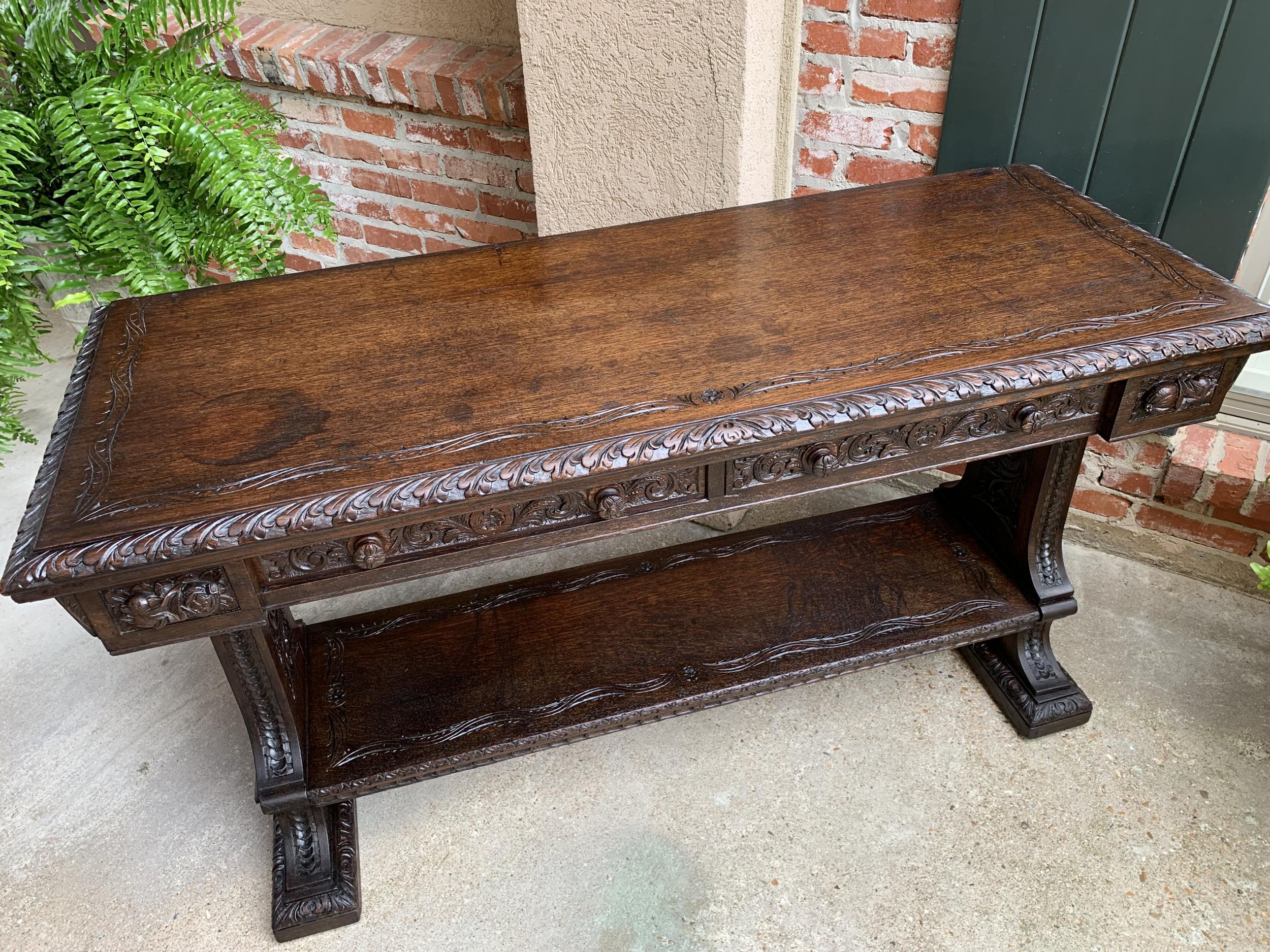 Large Antique French Carved Oak Sofa Table Foyer Console Trestle Black Forest 4