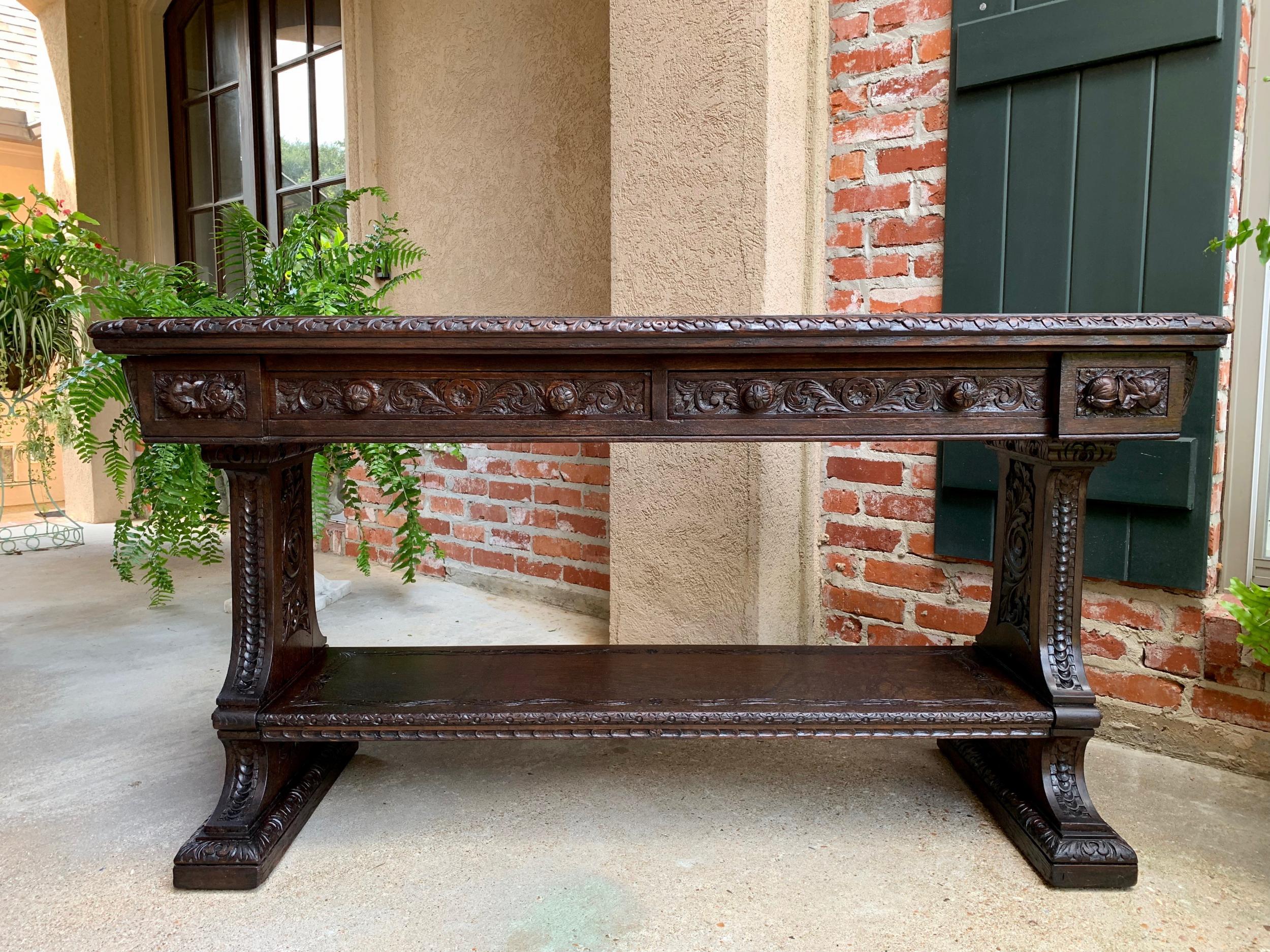 Large Antique French Carved Oak Sofa Table Foyer Console Trestle Black Forest 7