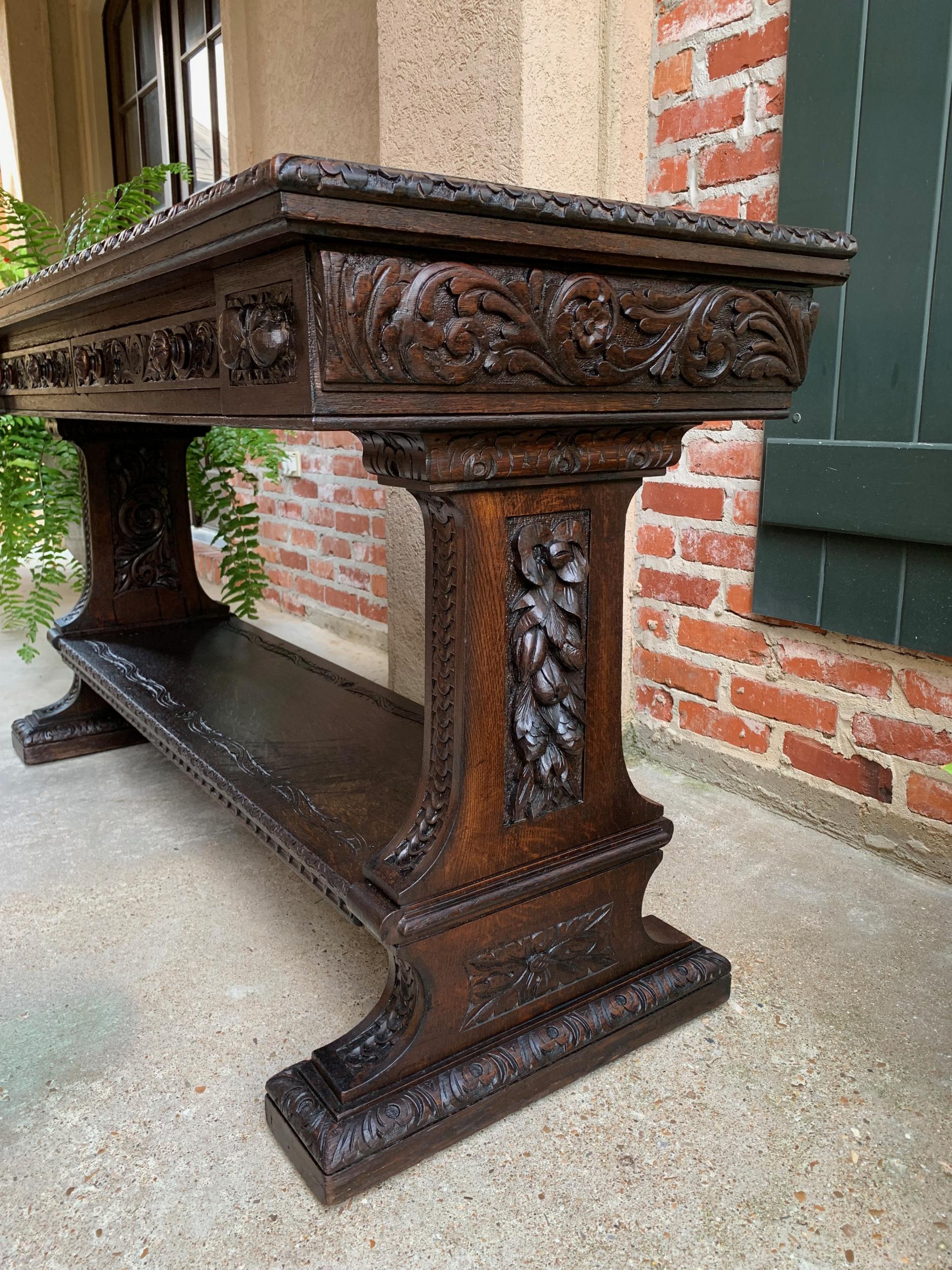 Large Antique French Carved Oak Sofa Table Foyer Console Trestle Black Forest 10