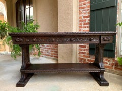 Large Antique French Carved Oak Sofa Table Foyer Console Trestle Black Forest
