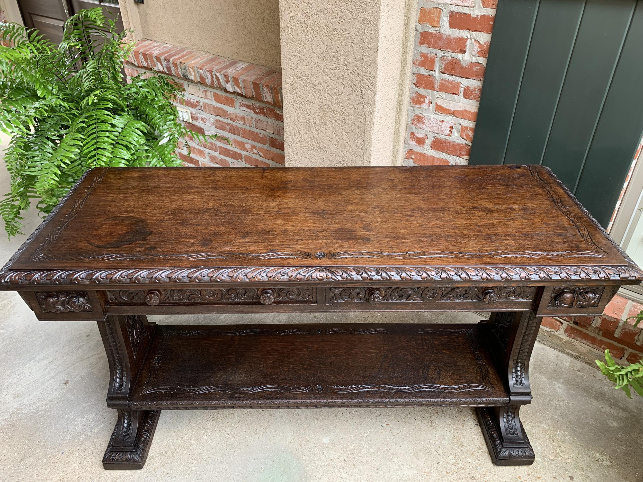 Large Antique French Carved Oak Sofa Table Foyer Console Trestle Black Forest 14