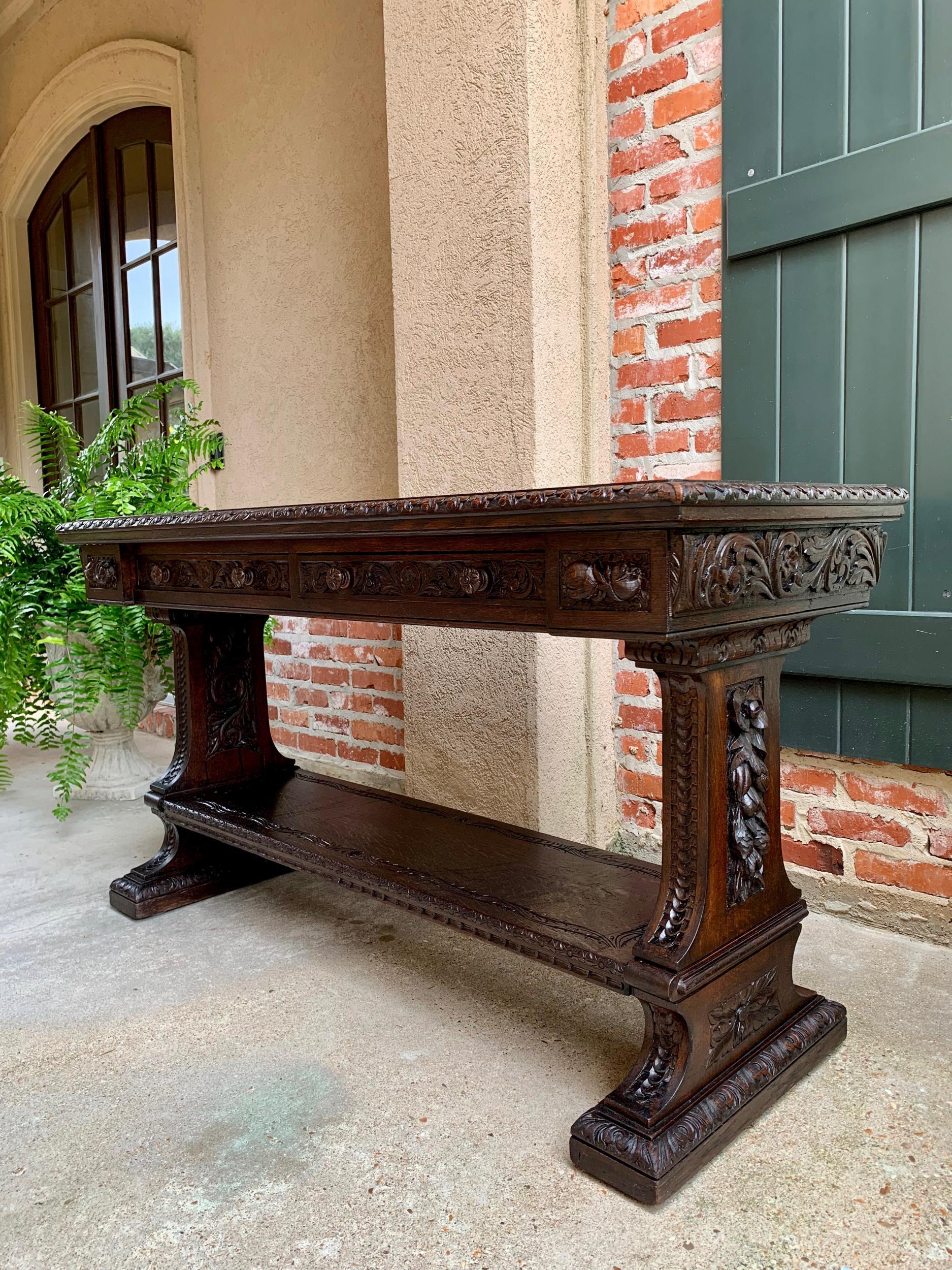 French Provincial Large Antique French Carved Oak Sofa Table Foyer Console Trestle Black Forest