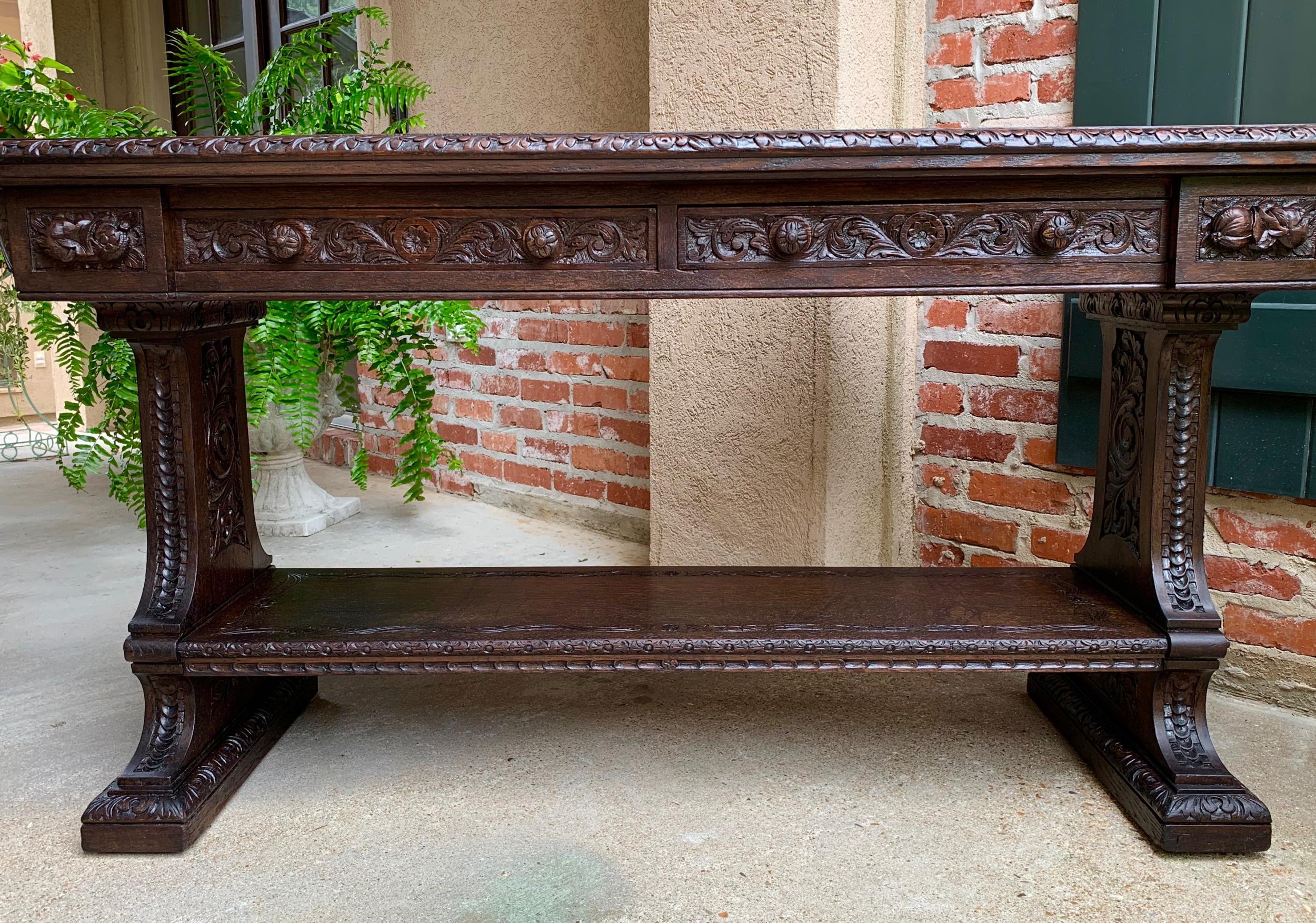 Hand-Carved Large Antique French Carved Oak Sofa Table Foyer Console Trestle Black Forest