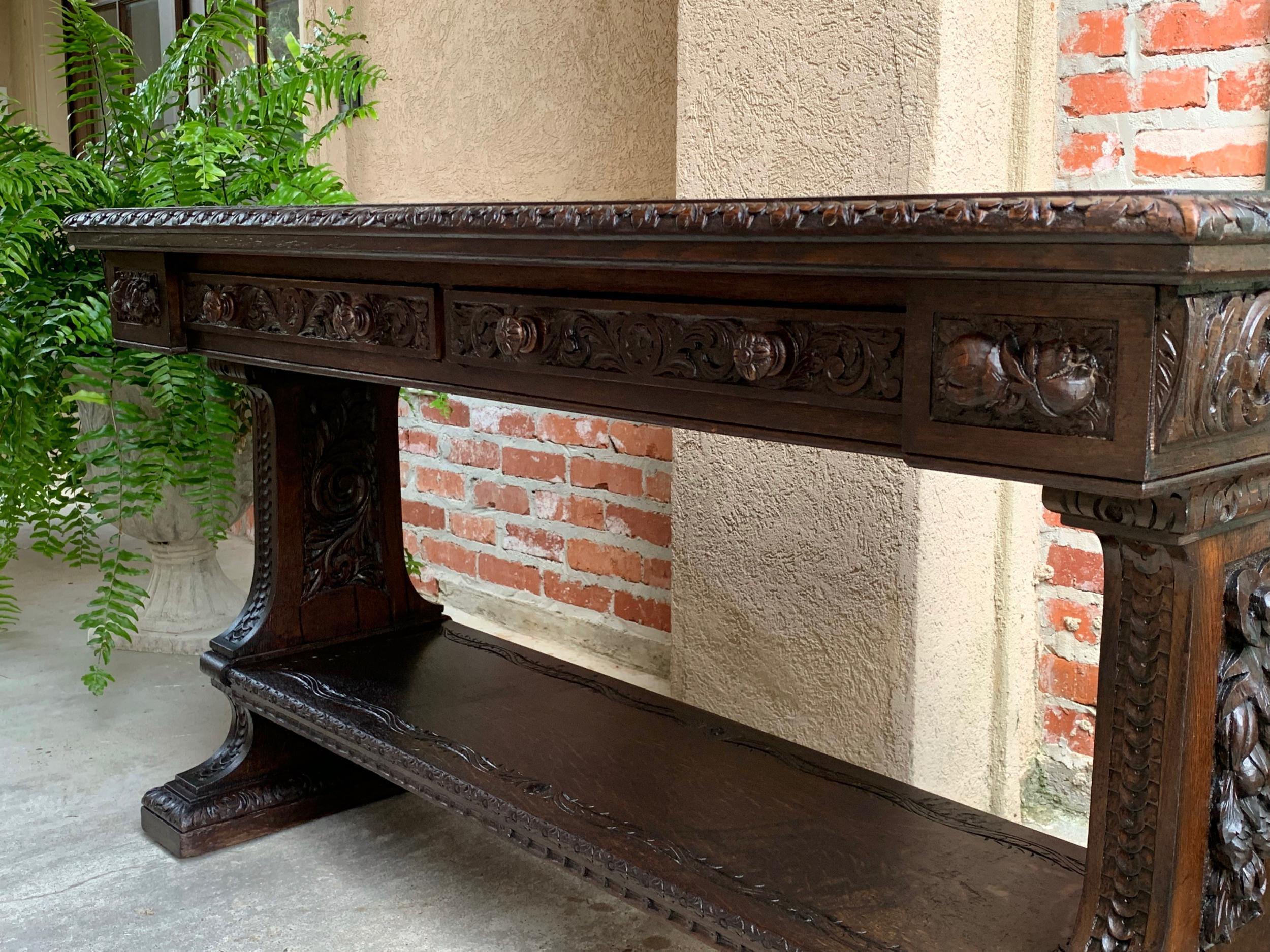Large Antique French Carved Oak Sofa Table Foyer Console Trestle Black Forest In Good Condition In Shreveport, LA