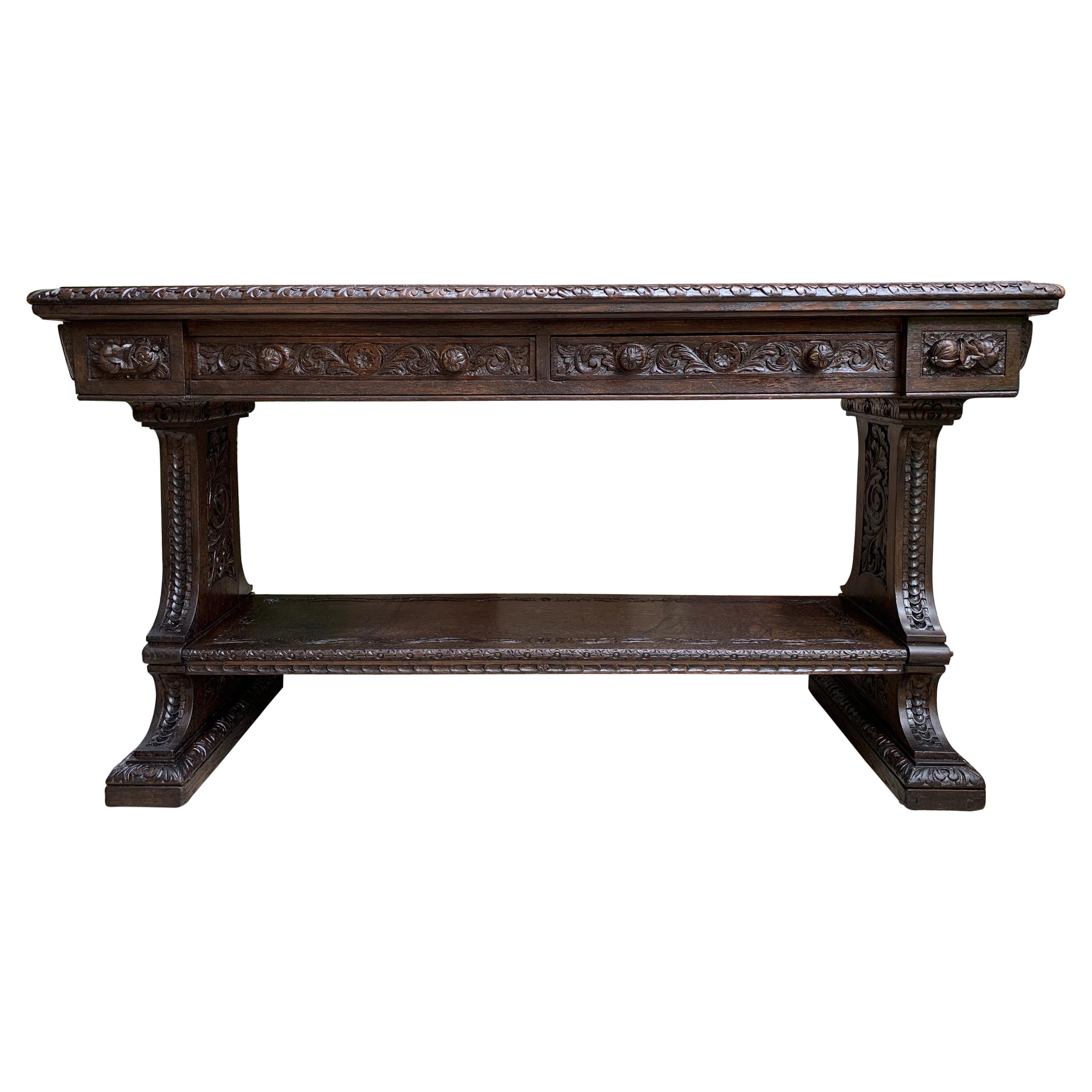 Large Antique French Carved Oak Sofa Table Foyer Console Trestle Black Forest