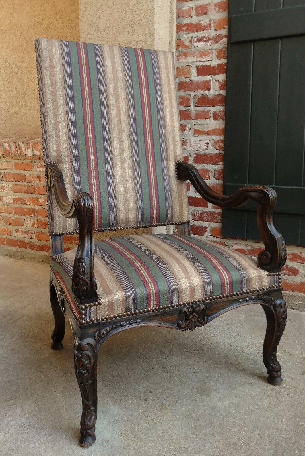 Hand-Carved Large Antique French Carved Walnut Fireside Armchair Louis XV Style