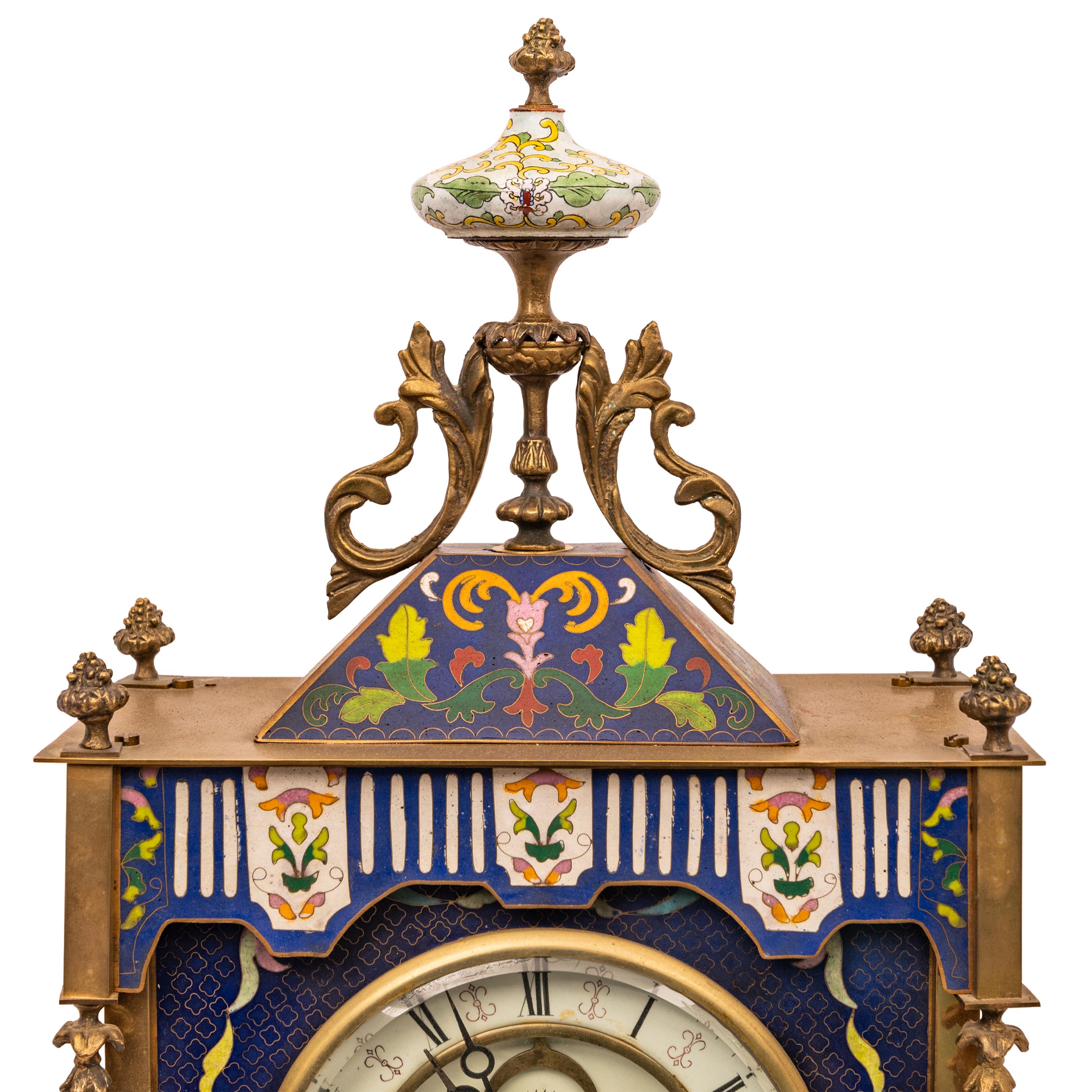 Rococo Revival Large Antique French Cloisonné & Brass Astronomical 8 Day Calendar Clock 1890 