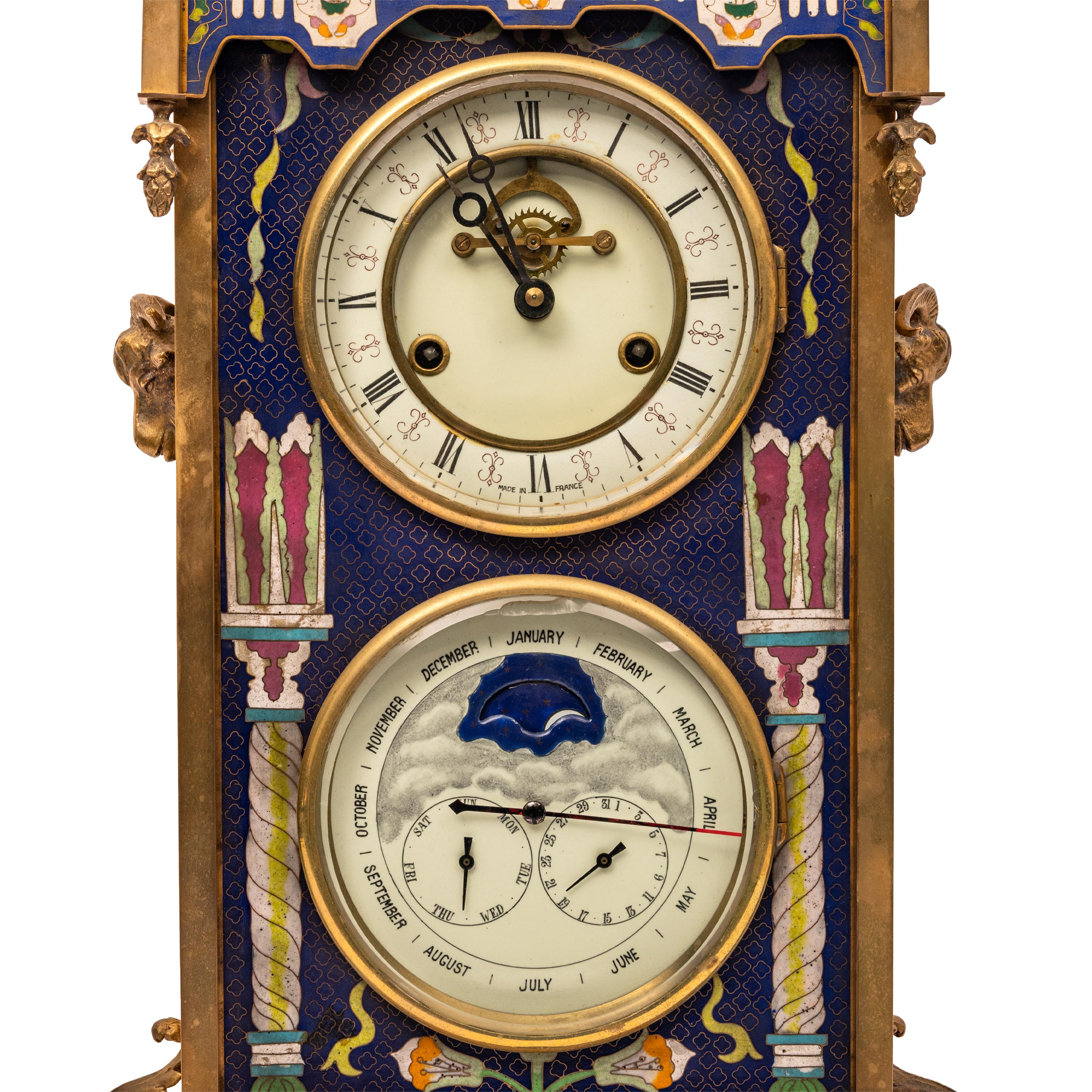 Cloissoné Large Antique French Cloisonné & Brass Astronomical 8 Day Calendar Clock 1890 
