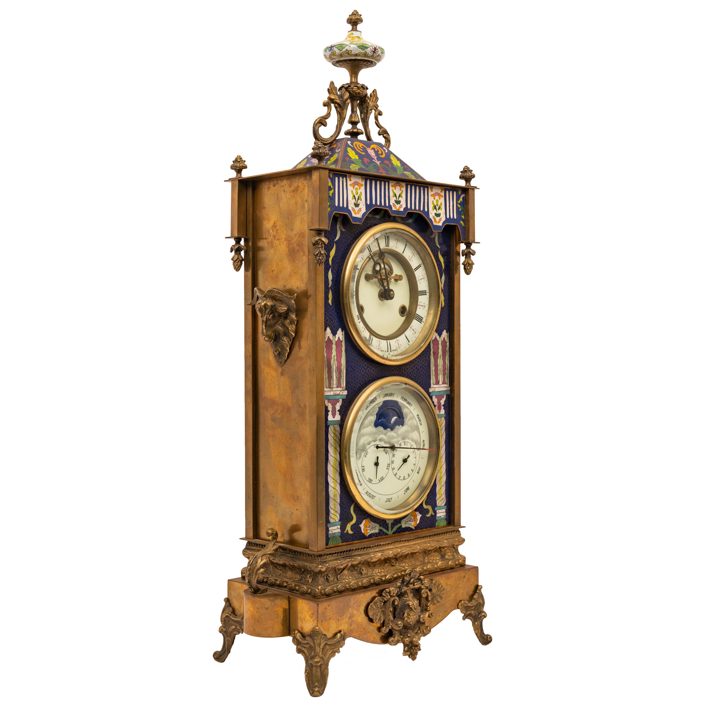 Large Antique French Cloisonné & Brass Astronomical 8 Day Calendar Clock 1890 In Good Condition In Portland, OR
