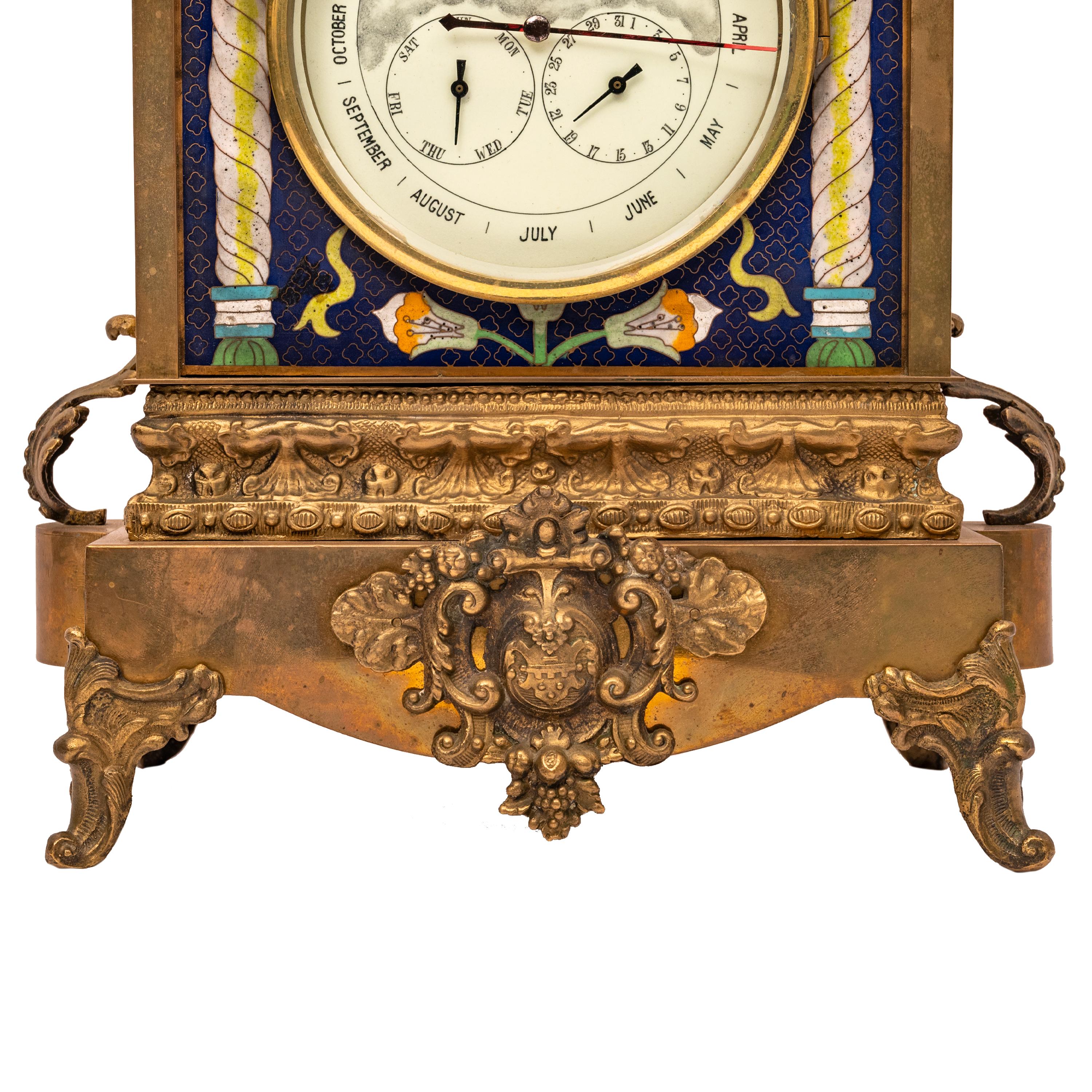 19th Century Large Antique French Cloisonné & Brass Astronomical 8 Day Calendar Clock 1890 