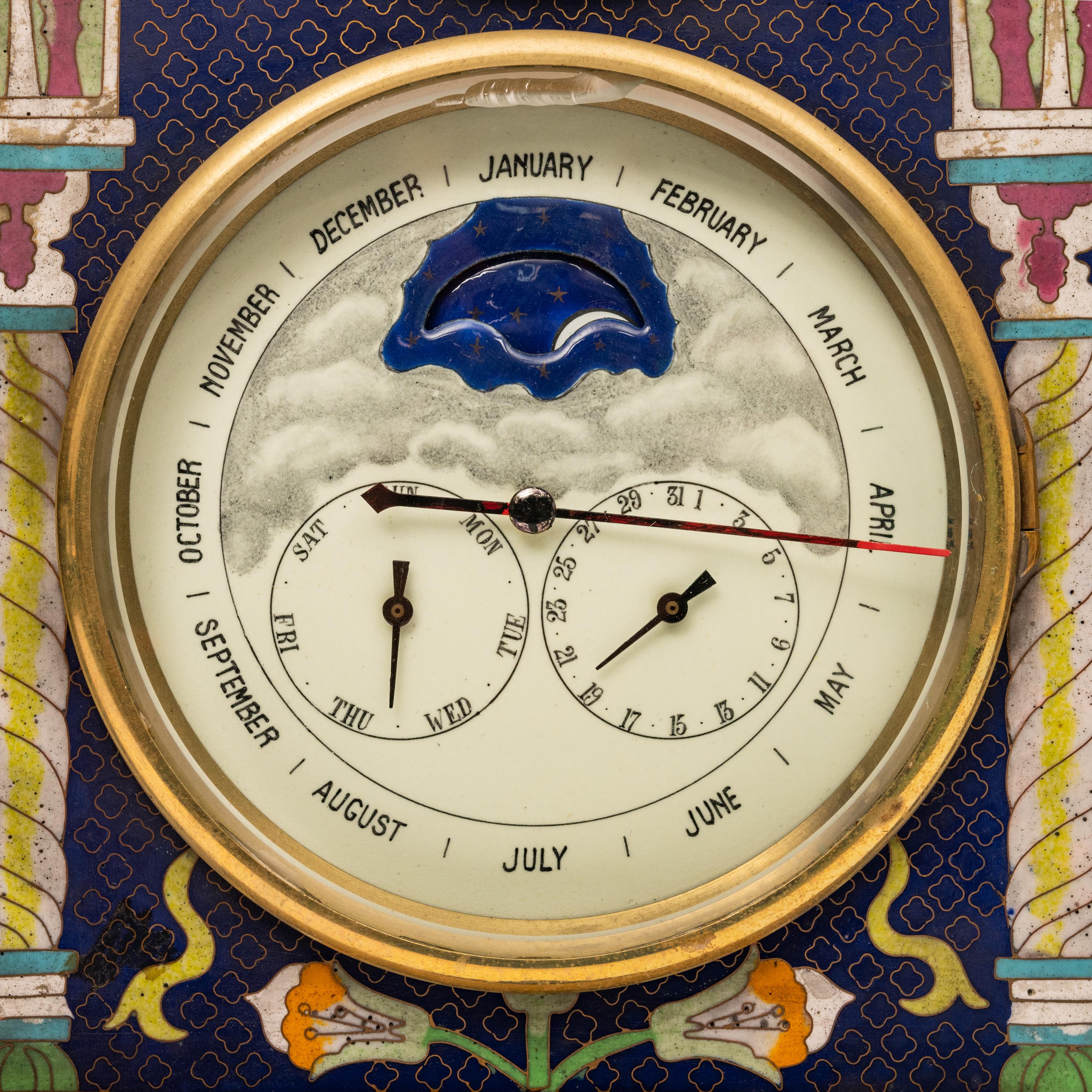 Large Antique French Cloisonné & Brass Astronomical 8 Day Calendar Clock 1890  2