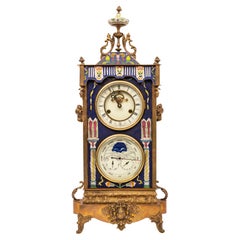 Grande horloge astronomique française ancienne en laiton et cloisonné avec calendrier de 8 jours 1890 