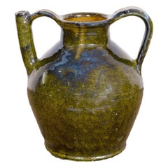 Large Antique French Cruche Orjol or Water Jug with Rare Green Glaze