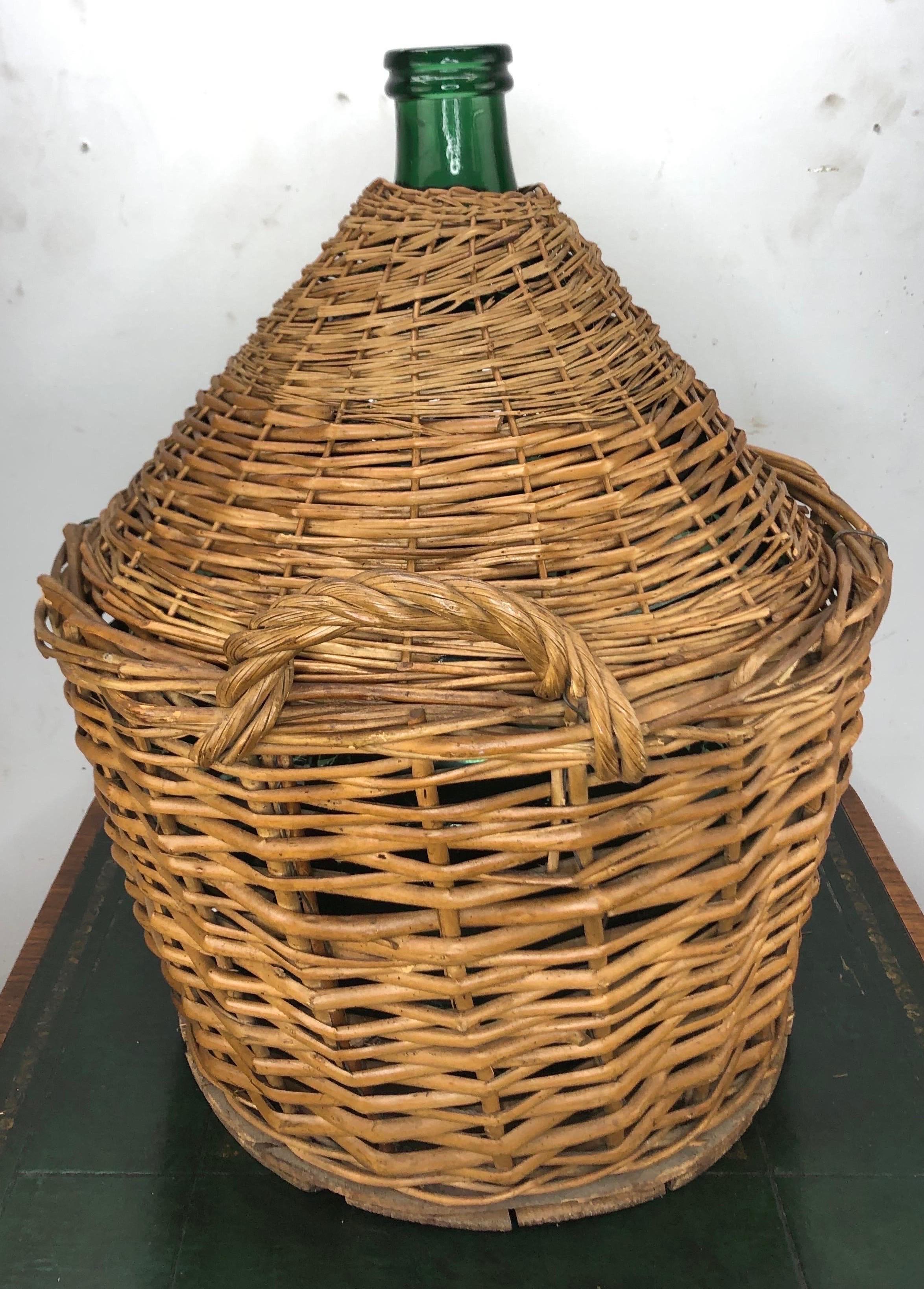 Large Antique French Demijohn in Woven Wicker Basket For Sale 2