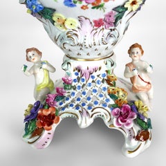 Large Antique French Dresden Figural & Floral Porcelain Lidded Urn C1900