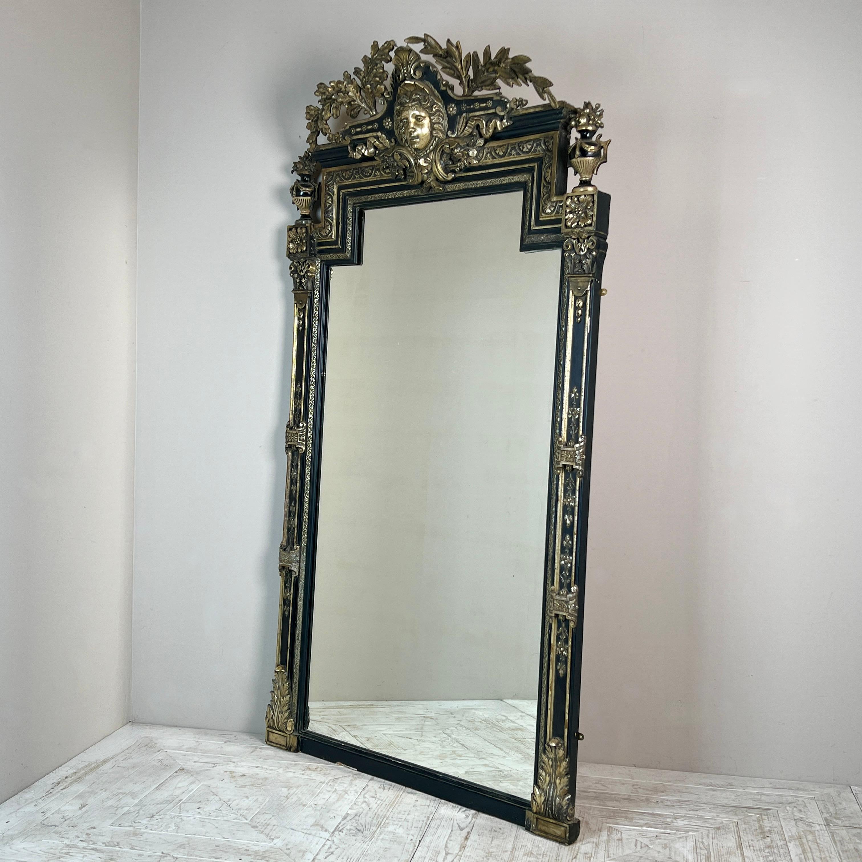 Empire Revival Large Antique French Ebonised & Silver Gilt Floor Or Overmantel Mirror