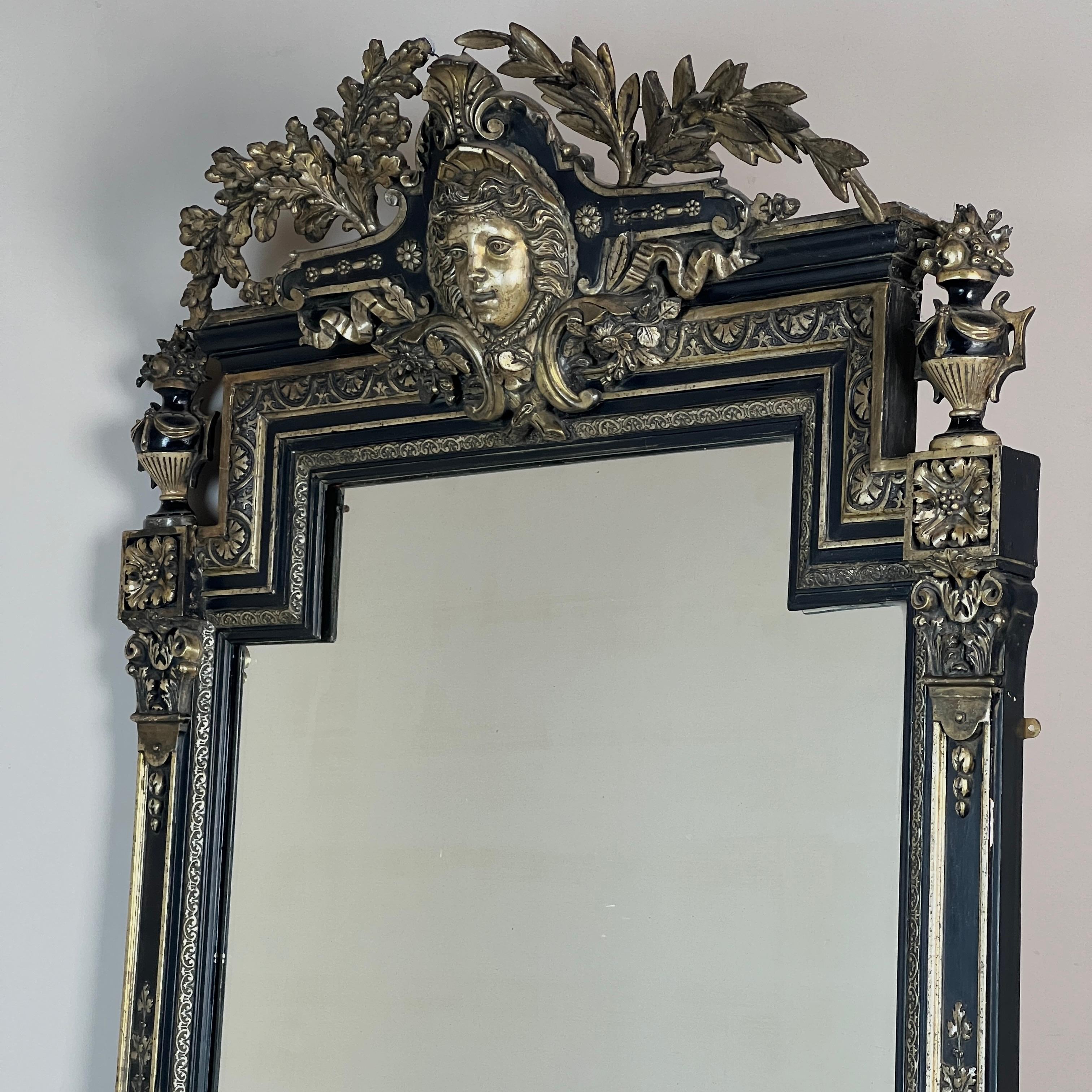 Late 19th Century Large Antique French Ebonised & Silver Gilt Floor Or Overmantel Mirror
