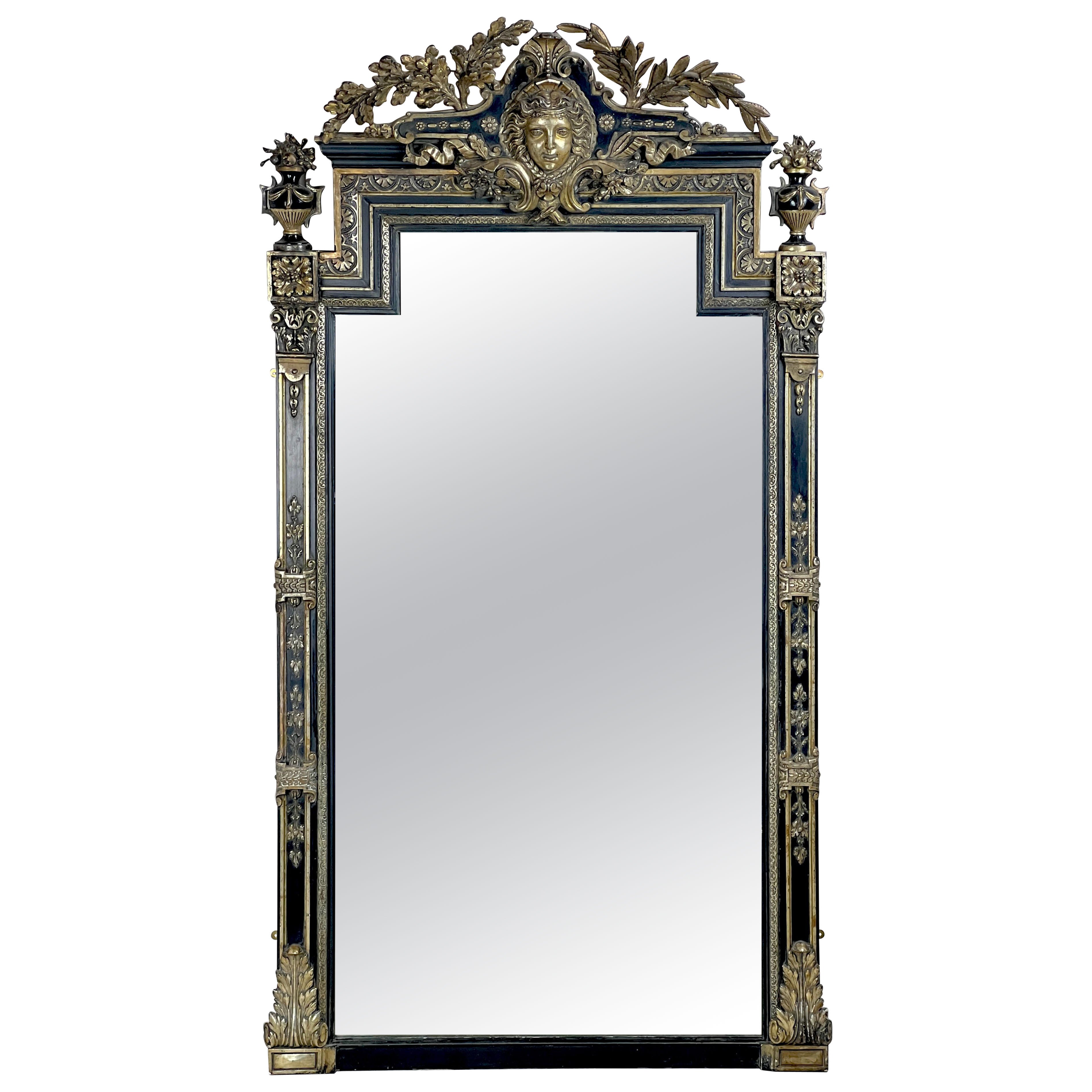 Large Antique French Ebonised & Silver Gilt Floor Or Overmantel Mirror