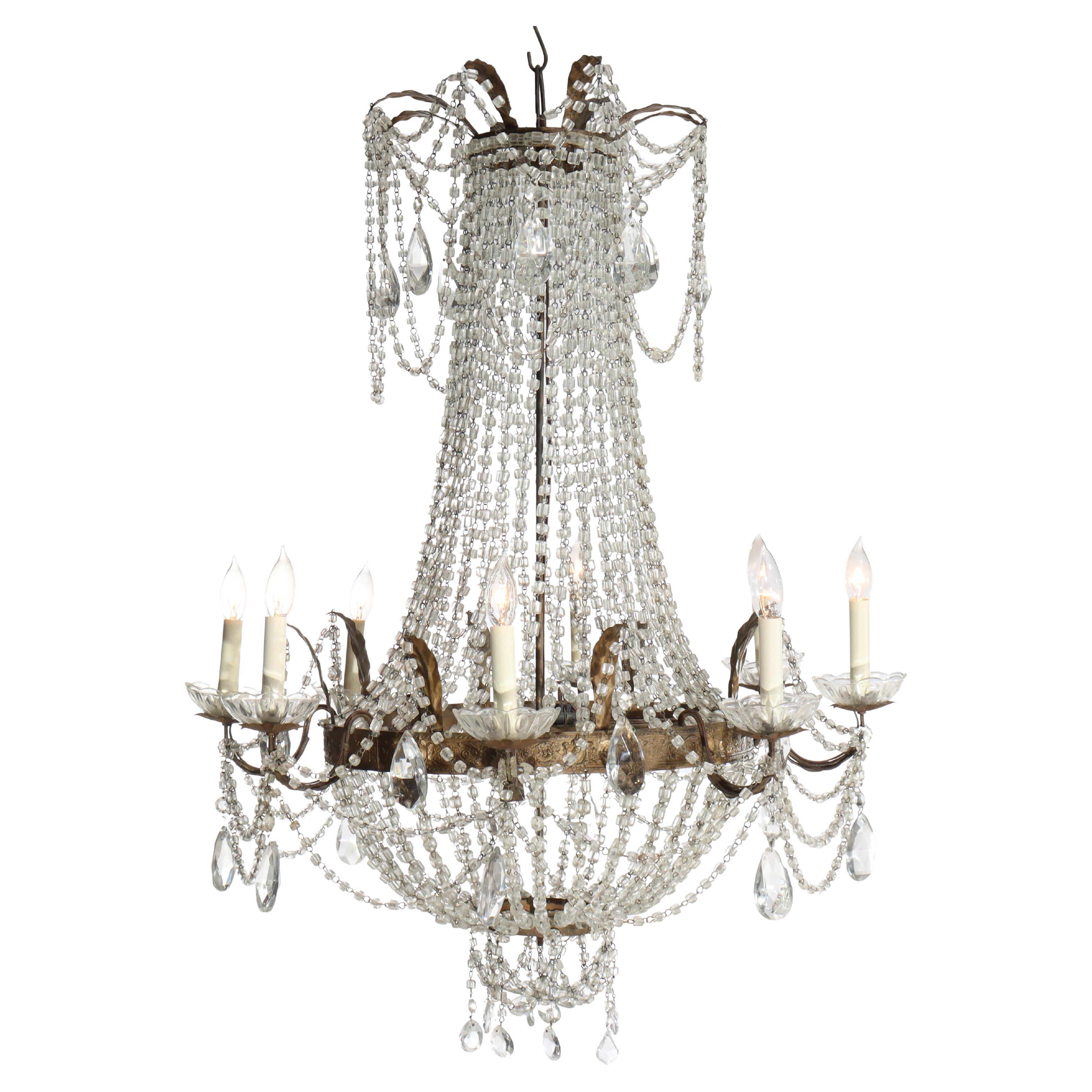 Large Antique French Empire Inspired Crystal & Bronze 8-Light Chandelier c1930