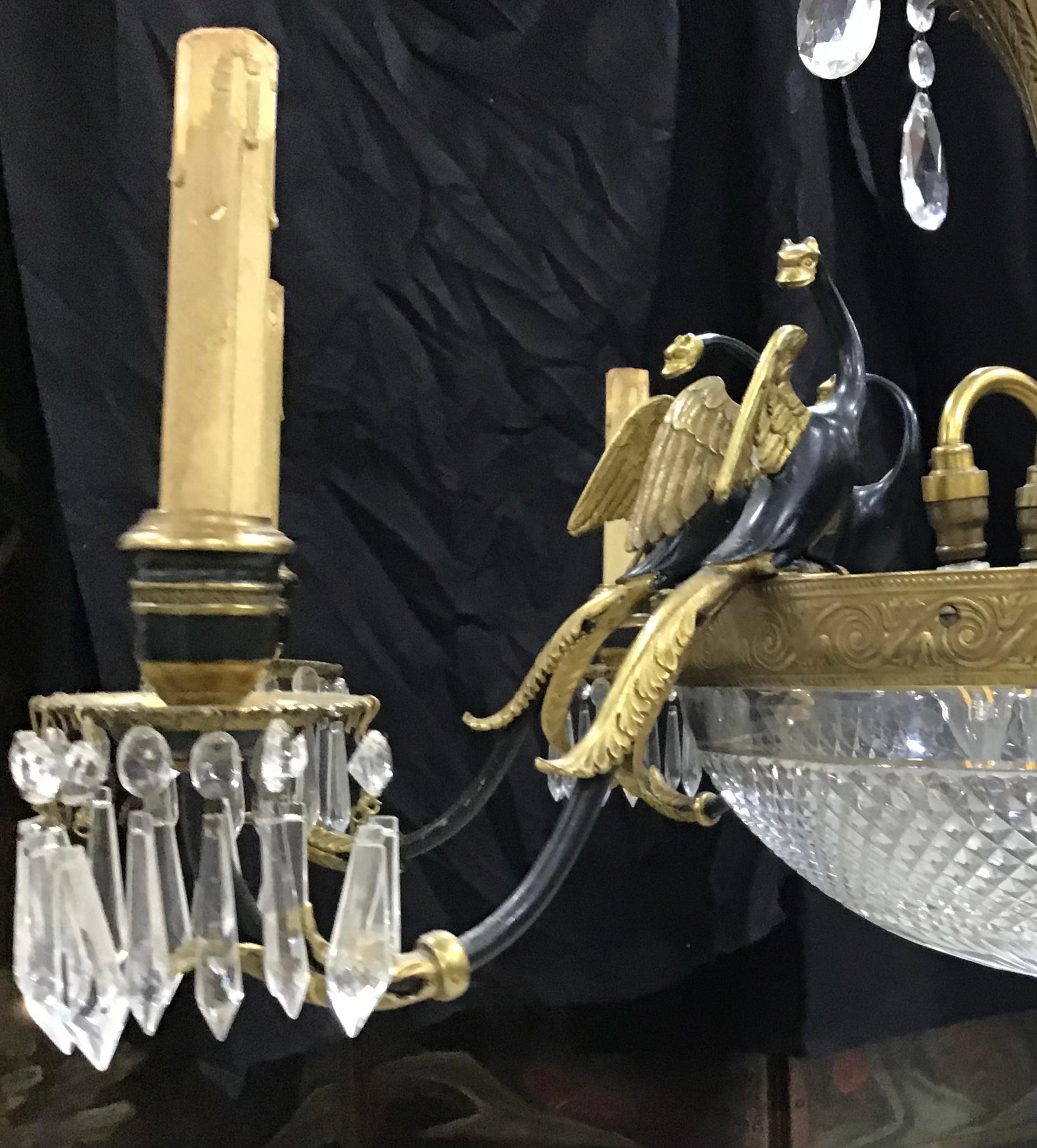 Large Antique French Empire Style 8 Arm Bronze and Crystal Chandelier For Sale 6