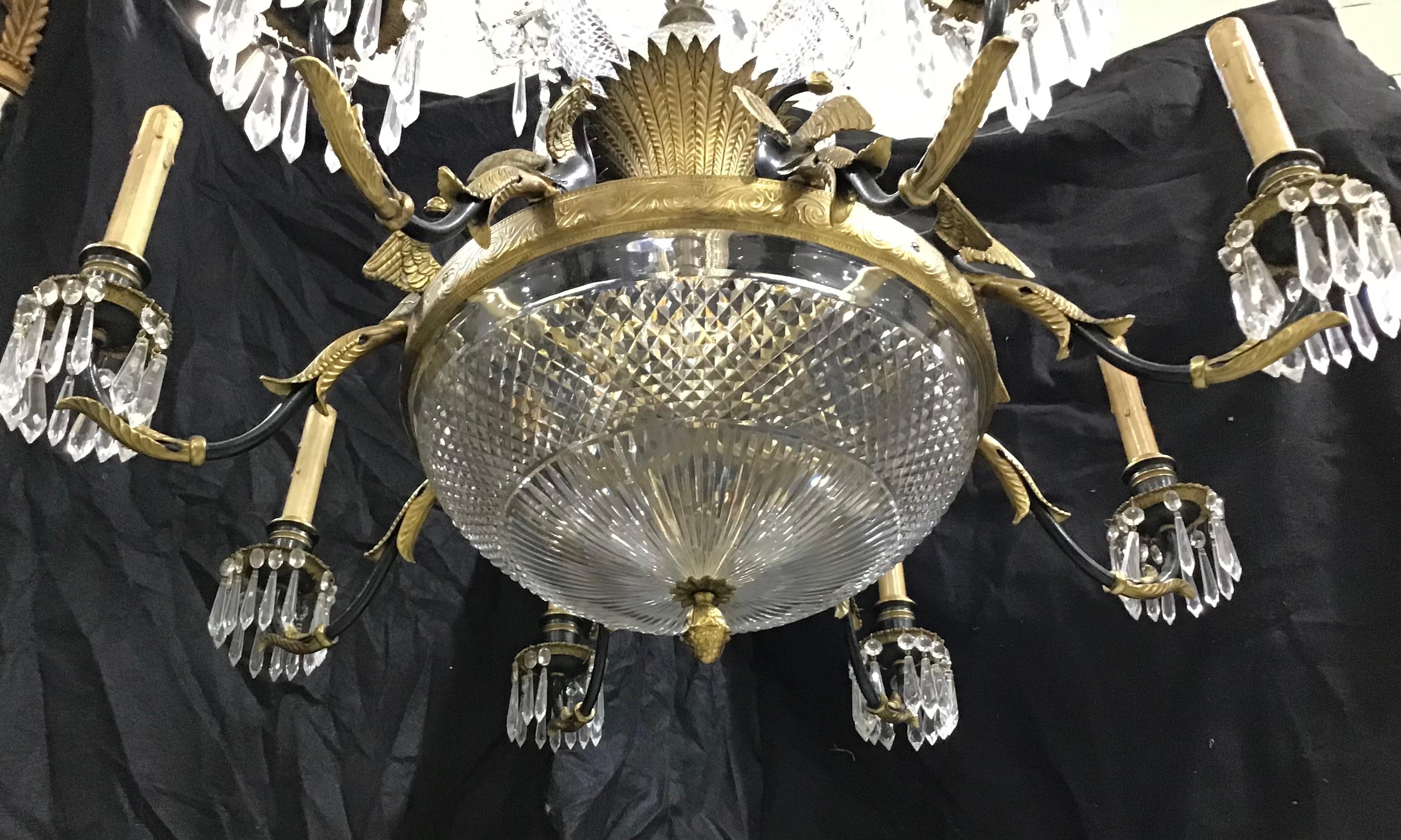 Large Antique French Empire Style 8 Arm Bronze and Crystal Chandelier In Good Condition In Bradenton, FL