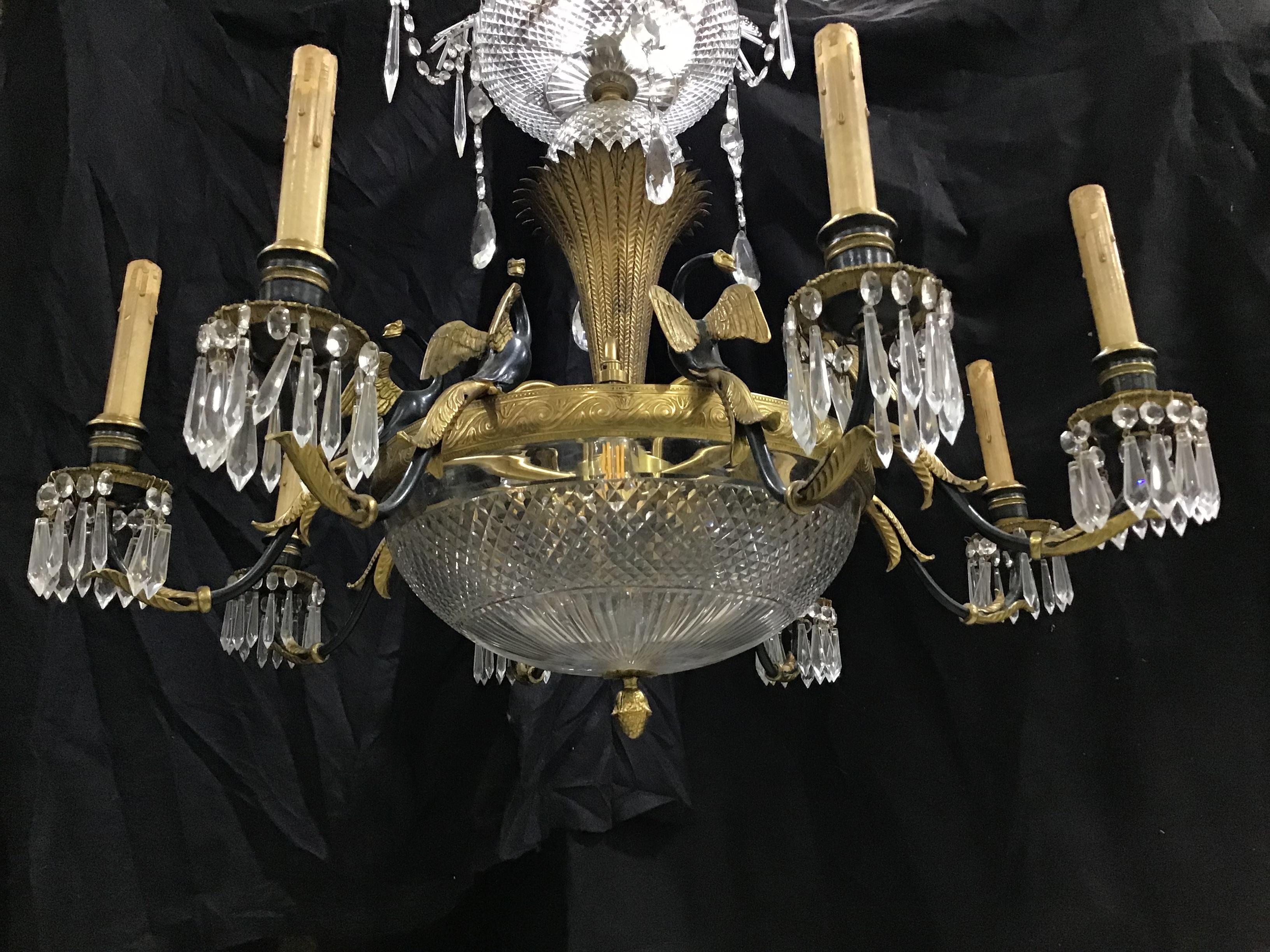20th Century Large Antique French Empire Style 8 Arm Bronze and Crystal Chandelier