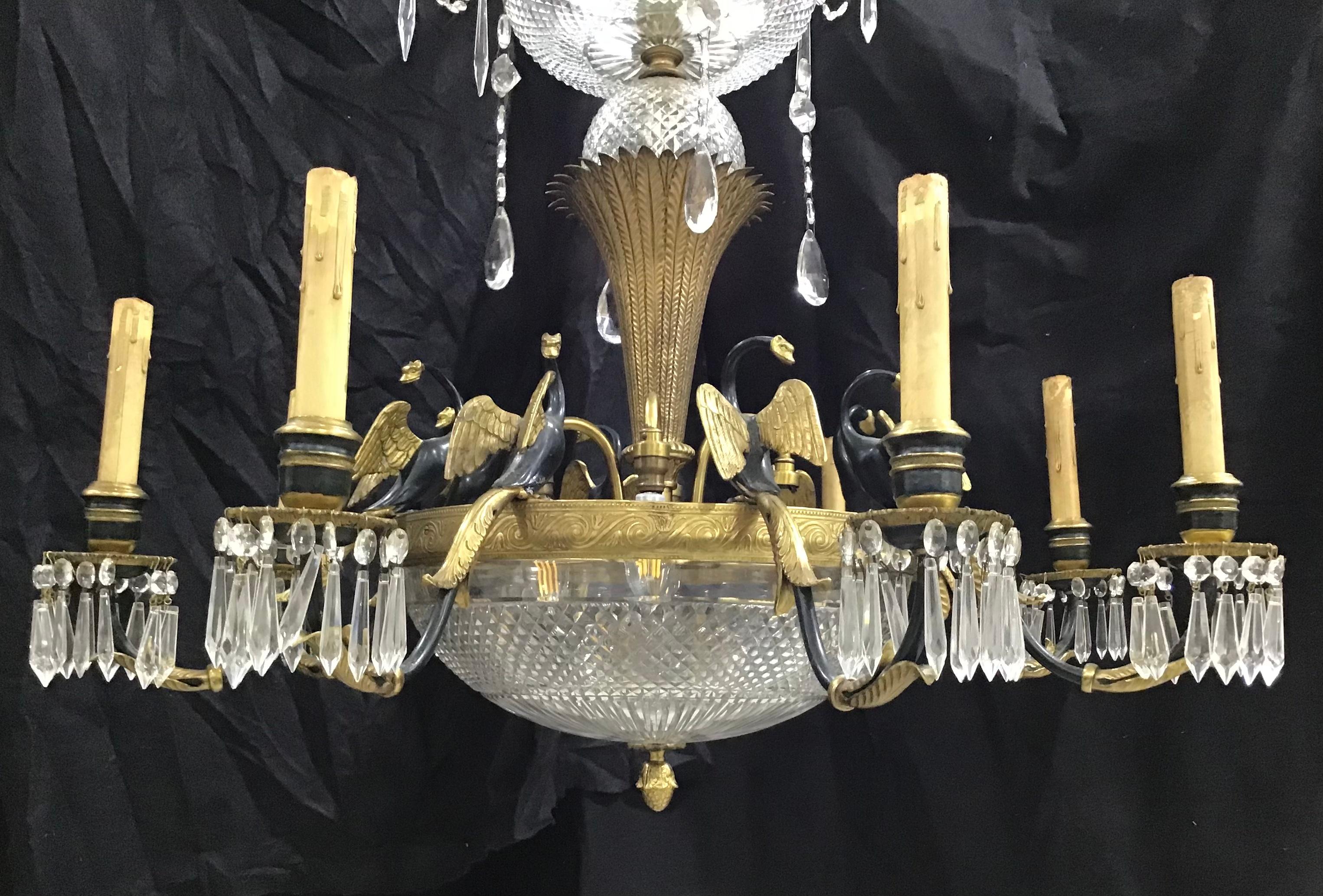 Large Antique French Empire Style 8 Arm Bronze and Crystal Chandelier For Sale 2